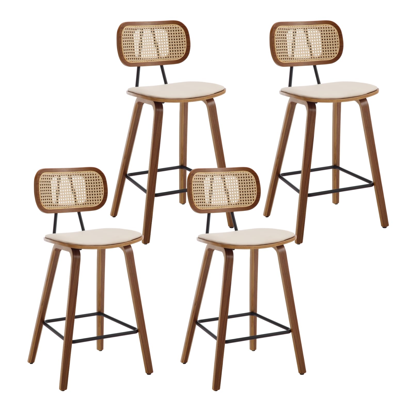 HEAH-YO Rattan Counter Stools Set of 4, 26 Inches Counter Height Bar Stool with Rattan Backrest and Wood Legs, Upholstered Leather Kitchen Stool for