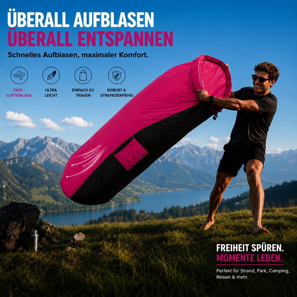 EastCity Luftsofa Aufblasbar mit Kopfstütze und Seitentasche, 230 x 70 cm Aufblasbares Sofa für Camping, Strand und Festival, Air Lounger mit Tragebeutel, Tragbare Aufblasbare Liege, Rosa