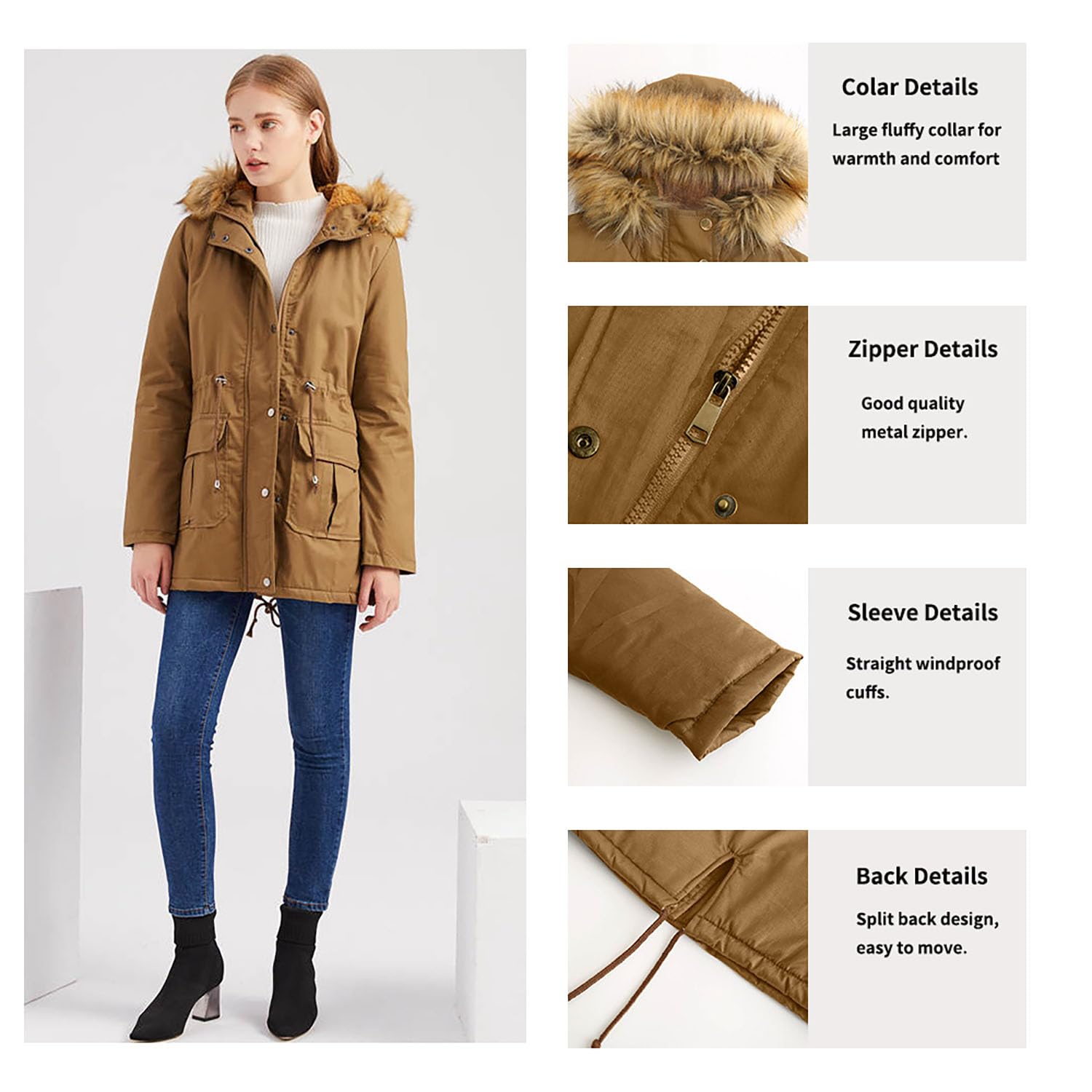 Frauen Winterjacke Kunstpelz Kapuze Baumwolle Gepolstert Mantel Damen Parka Oberbekleidung Zip Up Plus Size Solid Outdoor Sportbekleidung,Khaki,L(Chest:116cm)