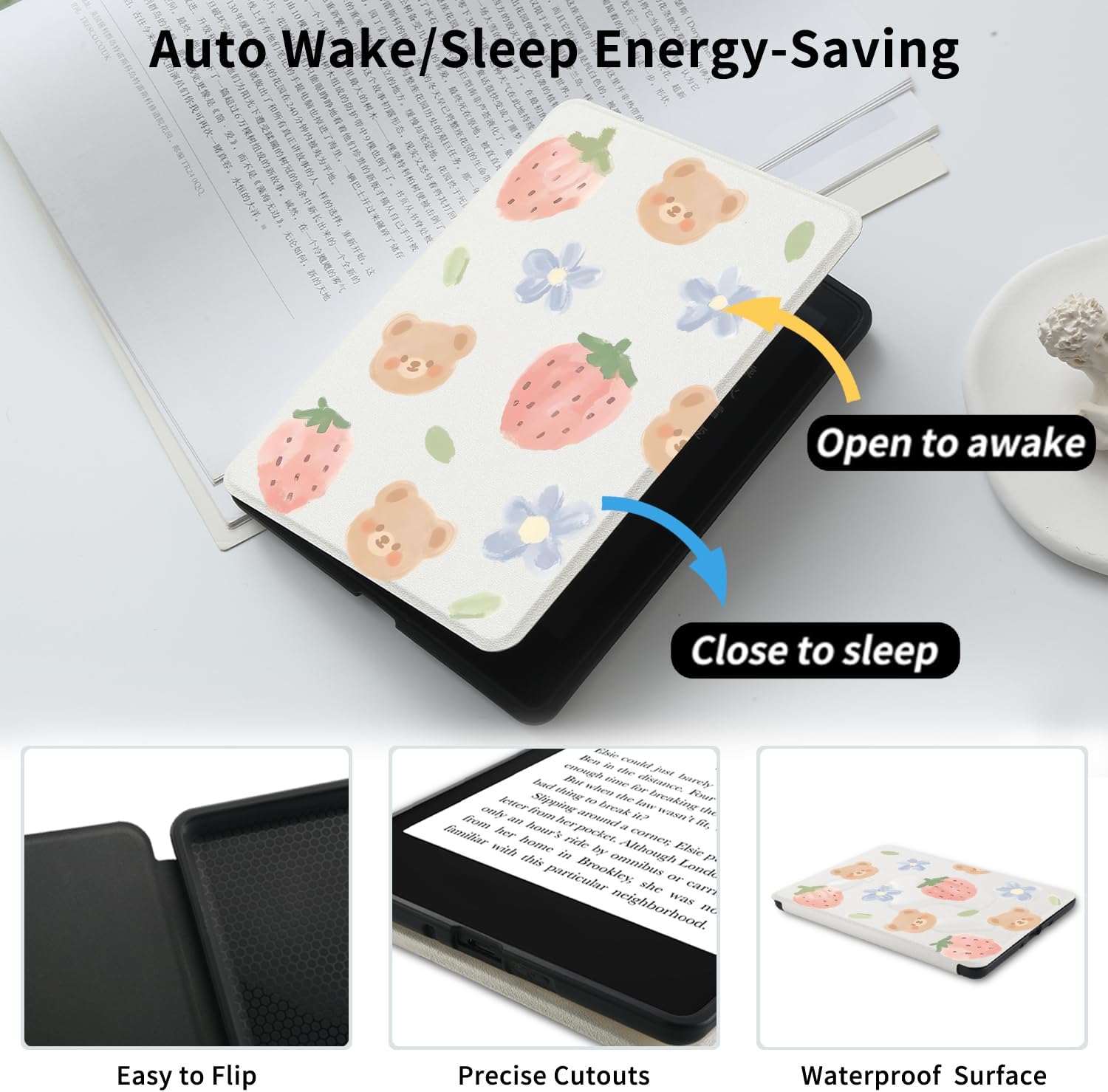 Cute Bear Case Case for Basic Kindle 11th Generation (2024/2022 Release) 6 Inch with Hand Strap Premium PU Leather Smart White Protective Folio Cover with Auto Sleep/Wake