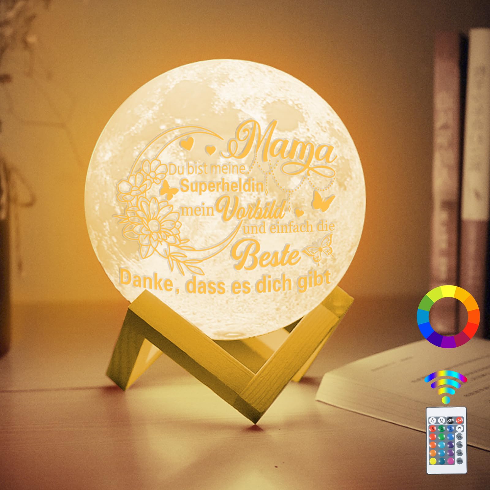 Sunwuun Muttertagsgeschenk,Geschenke für Mama von Tochter Sohn,16 Farben LED Mondlampe Nachtlich Weihnachtstag Geschenk,Geburtstagsgeschenk,Weihnachtsgeschenke für Mama.
