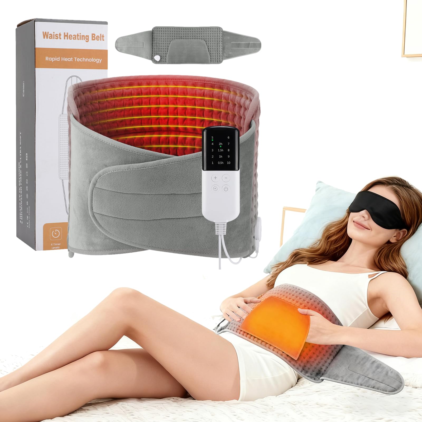 Cojín térmico eléctrico para espalda y vientre, con apagado automático, 10 niveles de temperatura de 38 a 60 °C, 4 temporizadores de 0,5 a 2 horas, supersuave y lavable a máquina