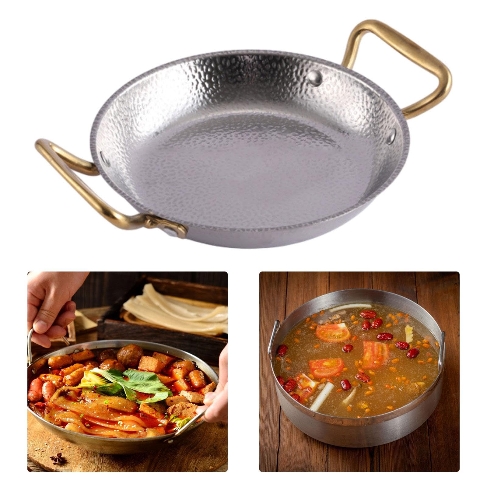 Trockene Schmorpfanne für Kimchi, Behälter mit Zwei Griffen für Suppen Und Nudeln, Polierte Und Fettabweisende Edelstahloberfläche, Ideal für, 28CM, Silber-Gold-Ohren