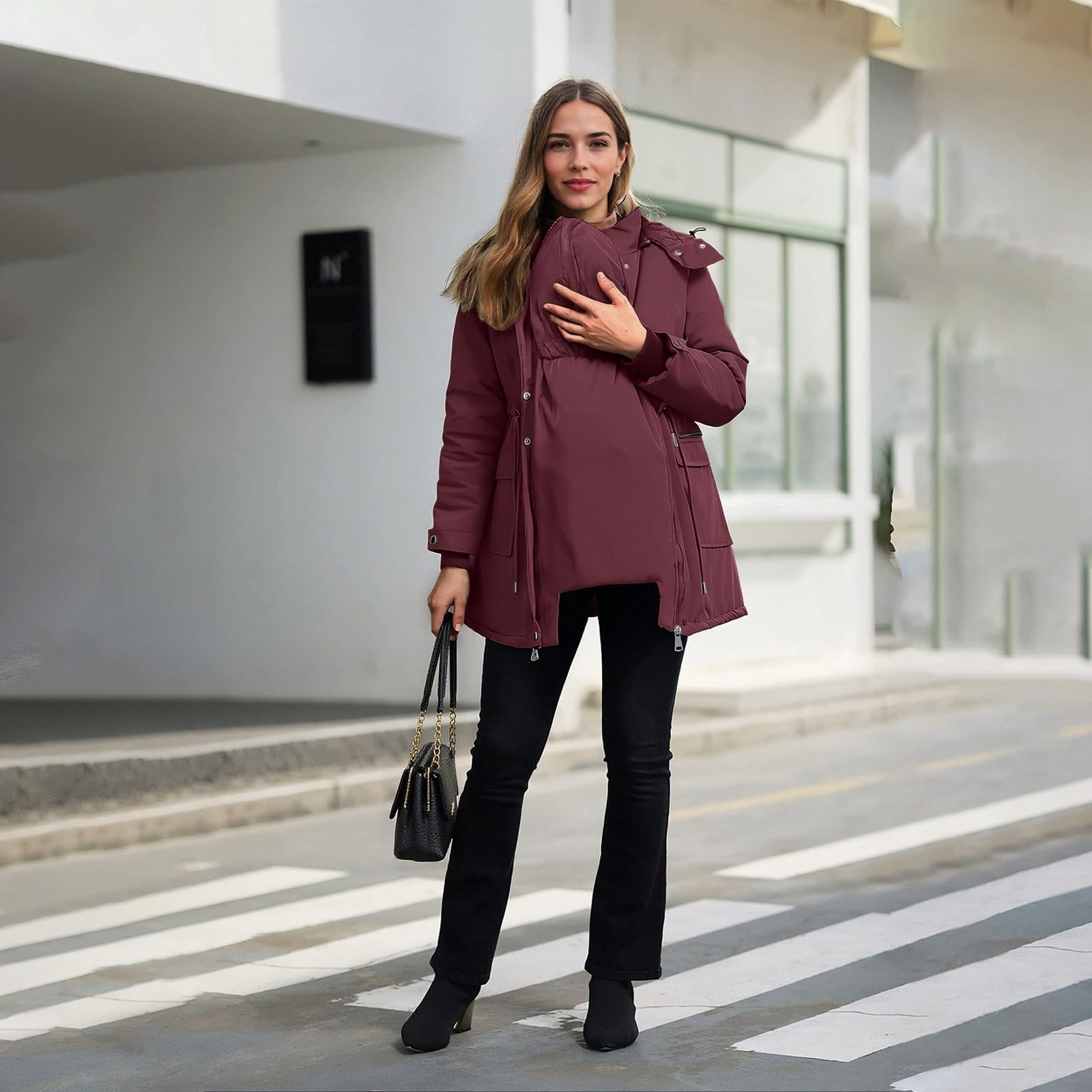 Abrigos de Invierno para Embarazadas,Chaqueta Porteo Mujer con Capucha | Abrigo 3 en 1 Premamá y Porteo Chaquetas Larga Gruesa de Manga Larga con Bolsillos Parka Cálida para Porteo de Bebé