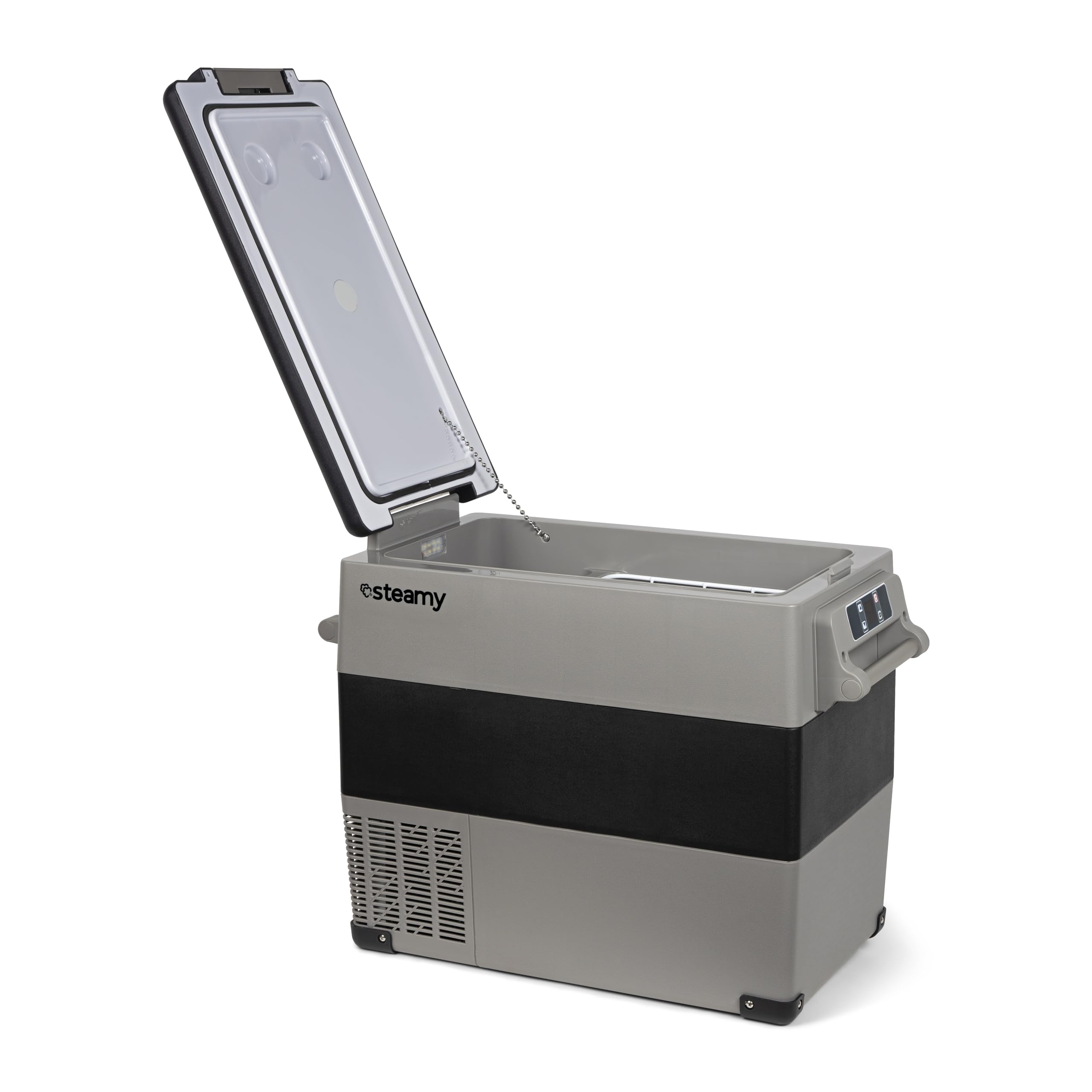 Steamy-E Single Zone 55, Frigorifero Elettrico a Compressore, 12/24V DC e 100-240V AC, per Congelare e Raffreddare da -20℃ a +20℃, Ideale per il Campeggio, 49 Litri, Grigio