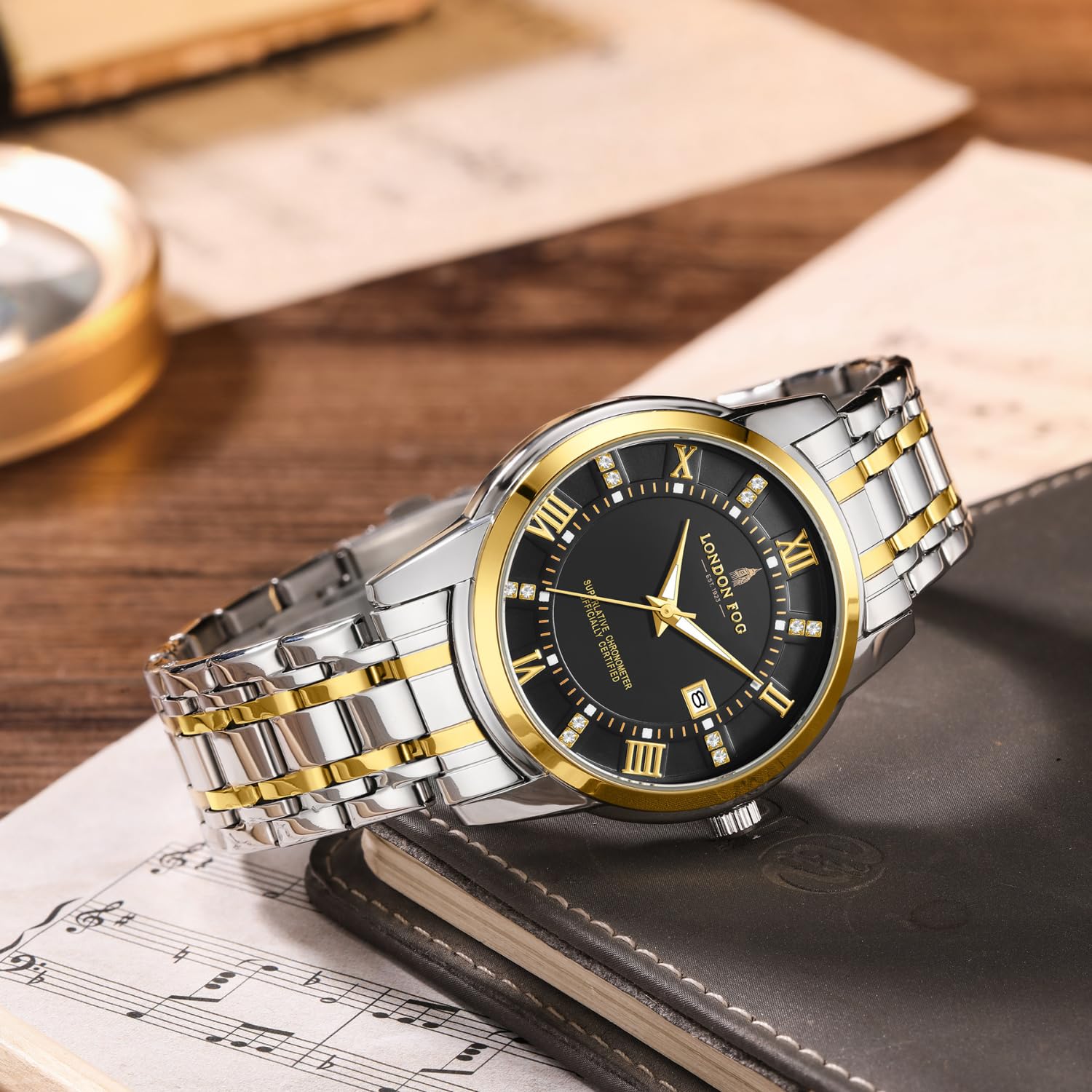 London Fog Regent Collection Analog Quartz Watch for Men with Black Dial and Two Tone Silver Gold Stainless Steel Strap, Metal Case, Date Display, Luminous Hands & Hour Markers, Water Resistant 2