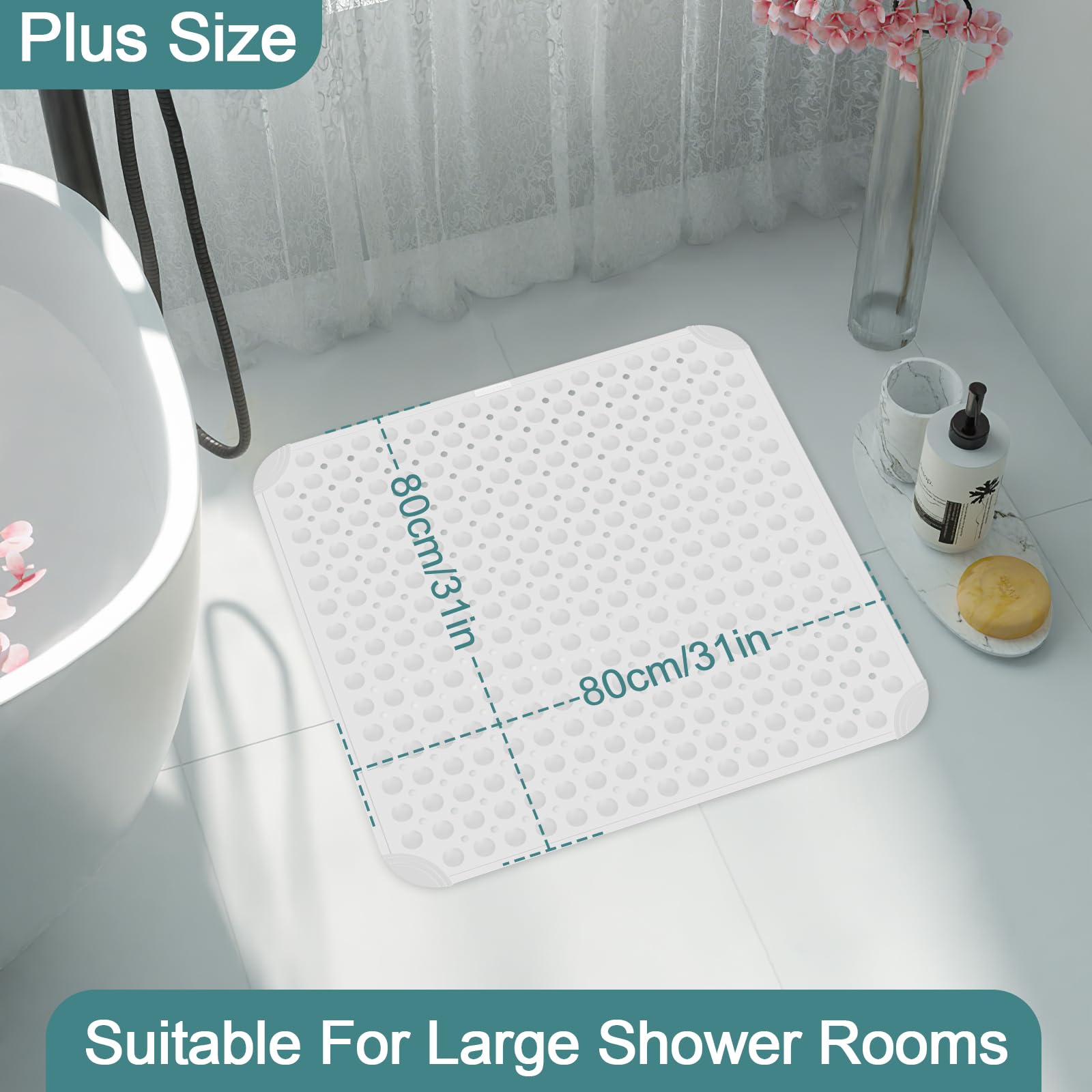 Tappetino Doccia Antiscivolo 80x80cm, Morbido Inserto Doccia in TPE Con Fori di Drenaggio e Ventose, Lavabile in Lavatrice, per Sale Massaggi, Docce, Vasca Bagno