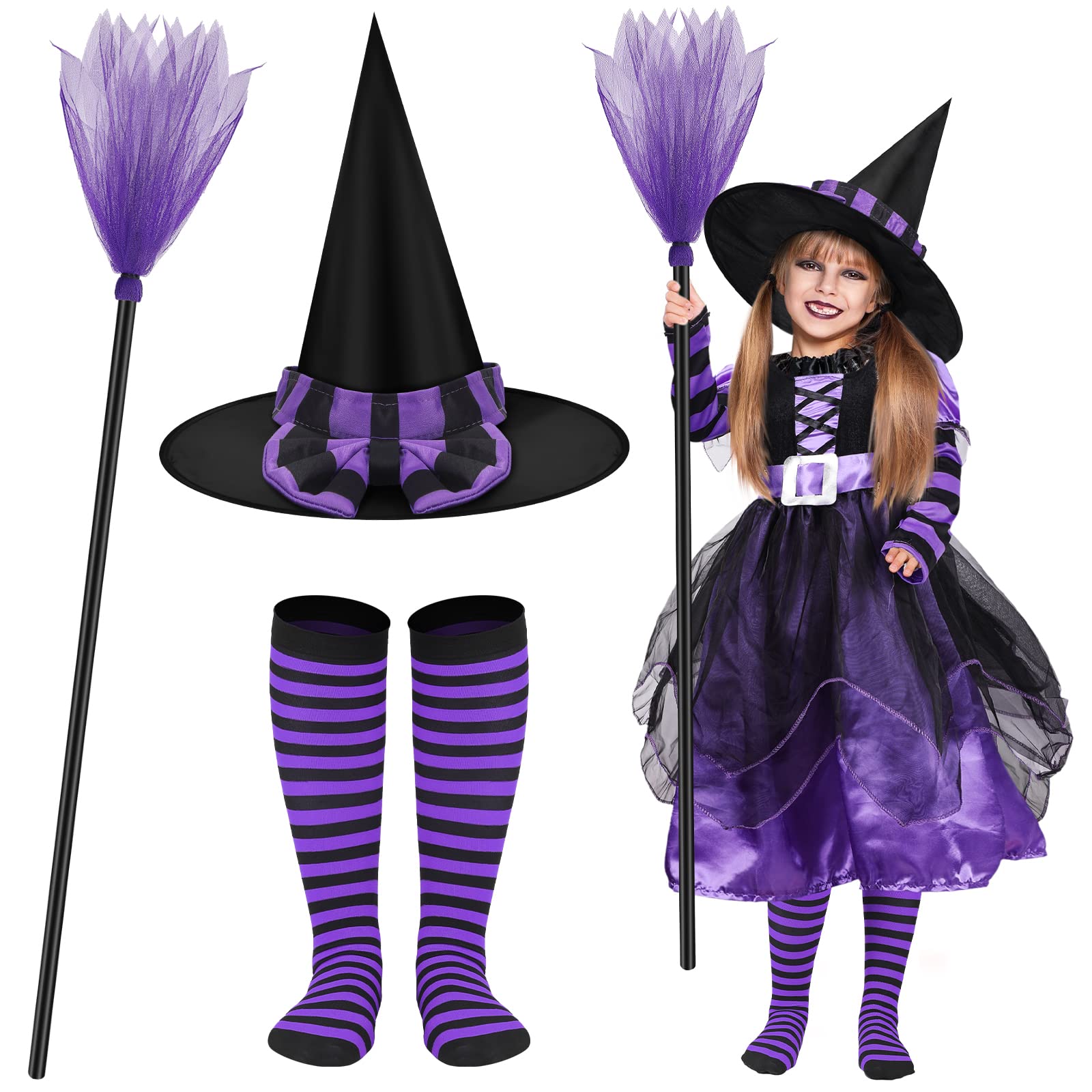 4 Pcs Halloween Fairytale Witch Cute Witch Costume Witch Hat Broom Tutu Striped High Stockings for Kids Girls (Purple, Medium)
