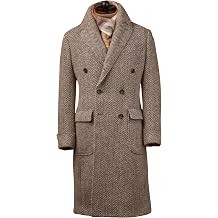 Mens Herringbone Tweed Trench Long Jacket Wool Outwear Windbreaker Coat for Winter