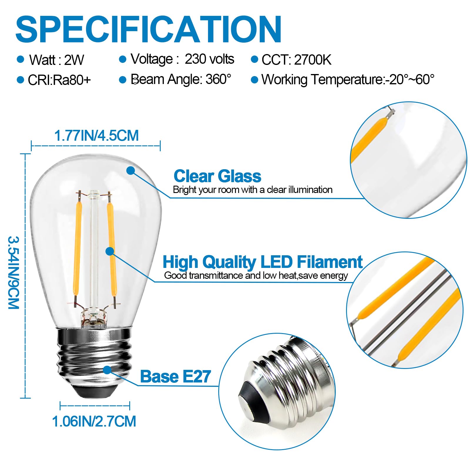 LangPlus+ lampadine LED S14 in vetro da 2W, attacco E27 2700K bianca calda LED Lampada Edison per stringhe luminose, non dimmerabili da 2W equivalenti a una lampadina a incandescenza da 20W 25 pezzi
