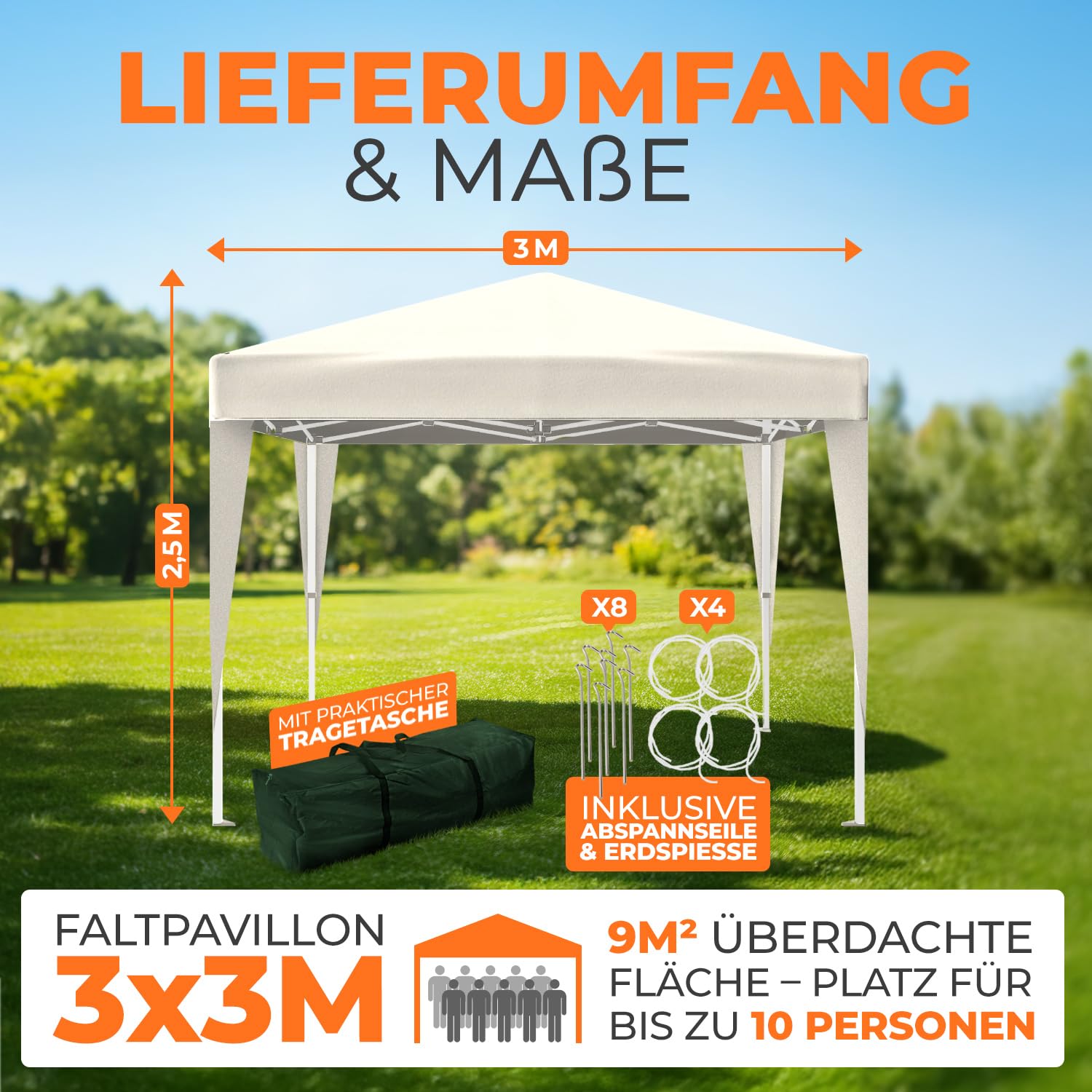 Kronenburg Faltpavillon wasserdicht Dachmaß 3 x 3 m UV Schutz 50+ Pavillon in Champagner