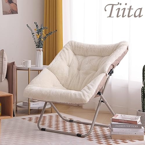 Miniatura 6 de Tiita Silla de platillo, silla plegable de gran tamaño de piel sintética suave, silla de descanso peluda suave, silla de luna con marco de metal