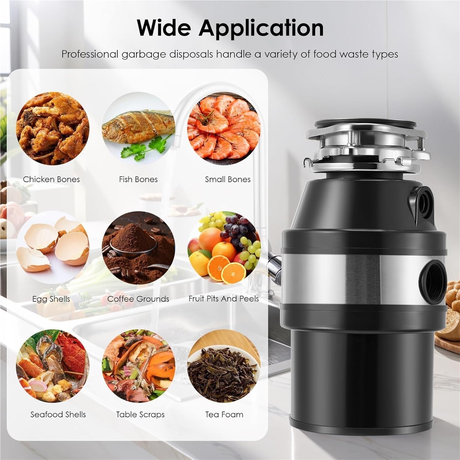 Triturador de residuos de alimentos, máquina trituradora de basura bajo el fregadero de 1,4 L con 4000 rpm, interruptor neumático, contenedores de eliminación de residuos automáticos