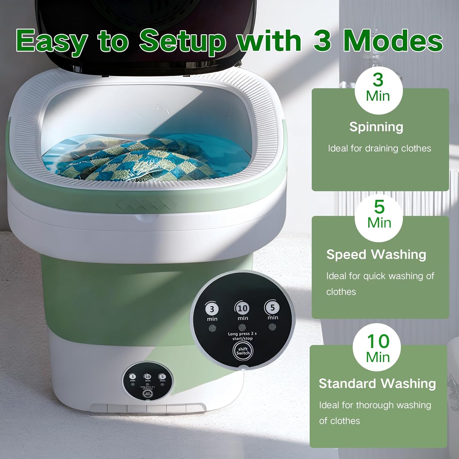 Portable Washing Machine, 15L Mini Collapsible Washer with 3 Cleaning Modes for Baby Clothes, Underwear, Small Foldable Laundry for Travel Apartment Home Dorm Hotel Camping (White+Green)