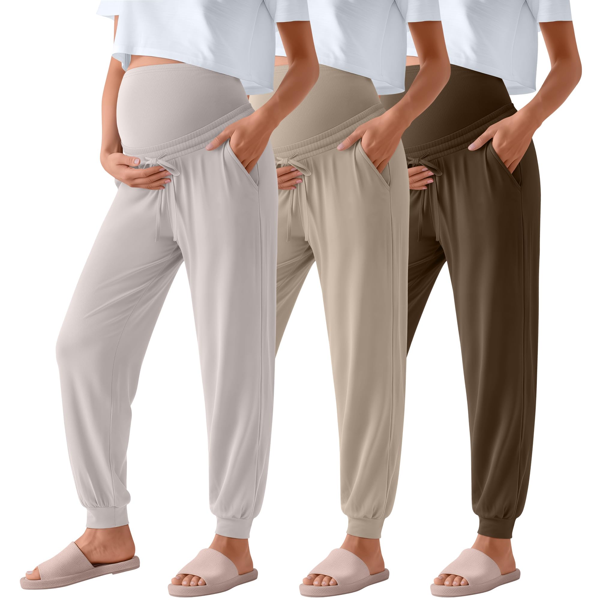 3 Pack Womens Maternity Pants Over Belly Maternity Casual Pants Loose Drawstring Pregnancy Joggers with Pockets