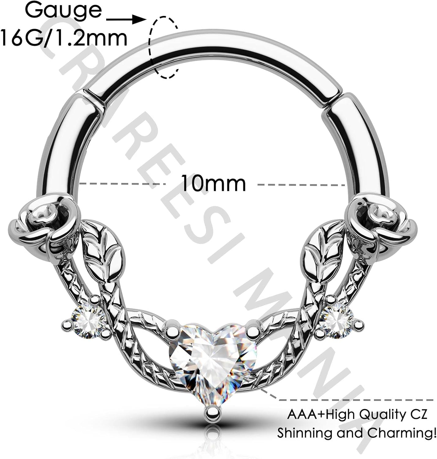 CM Crareesi Mania Rose Septum Ring 16G Hinged Segment Rings 316L Stainless Steel Daith Earrings Heart CZ Septum Daith Helix Cartilage Piercing Jewelry Piercing Jewelry - Image 3