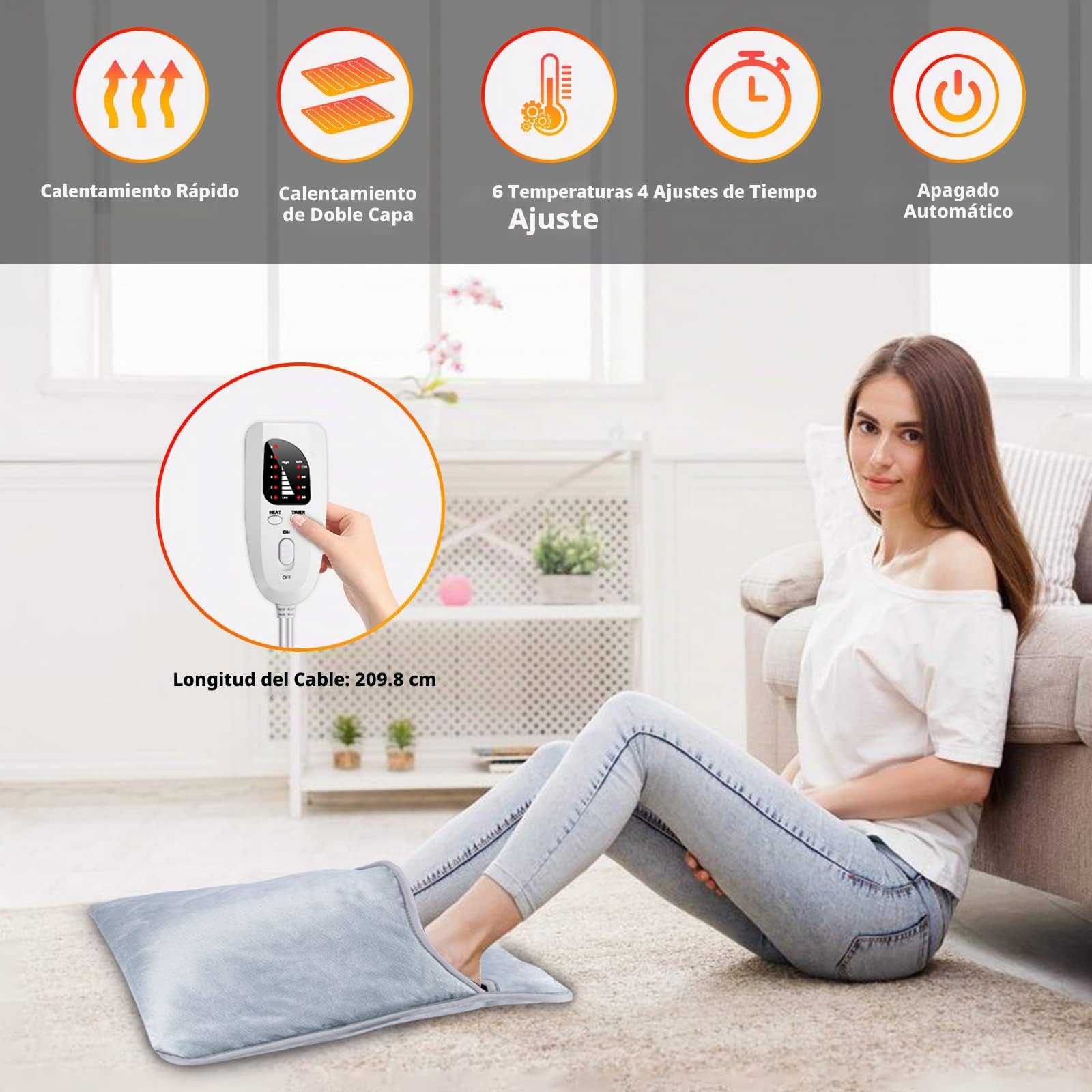 Qoosea Calentador de Pies Eléctrico Calentador Eléctrico de Doble Capa Almohadilla de Calentamiento Rápido con 6 Niveles de Calor 4 Temporizadores Apagado Automático Cojín Térmico Lavable