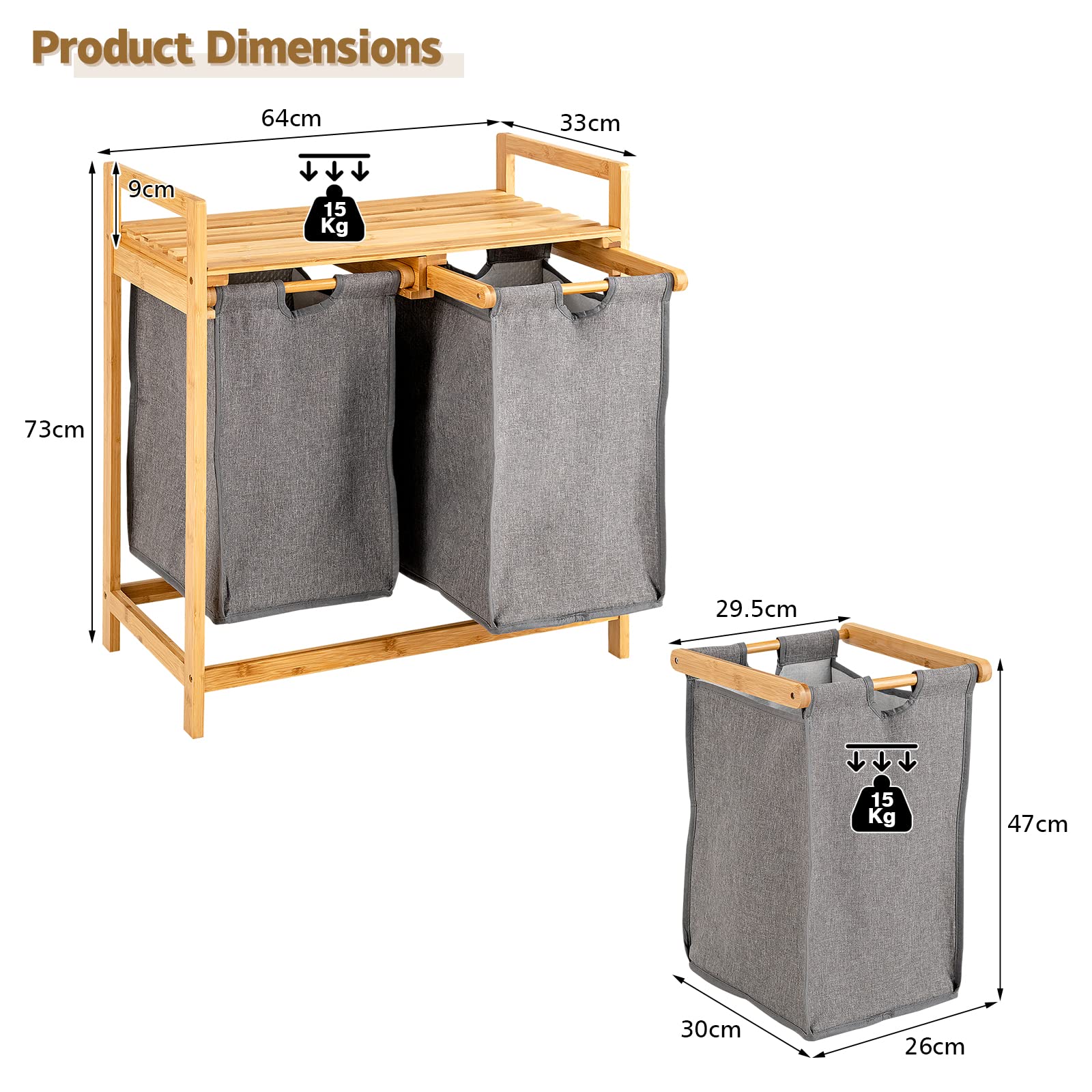 GIANTEX Wasmand 115 l met 2 vakken, wasverzamelaar wasbox met deksel en handvat, waszak van vliesstof, wasmand wasscheider 62 x 31 x 60 cm (zwart