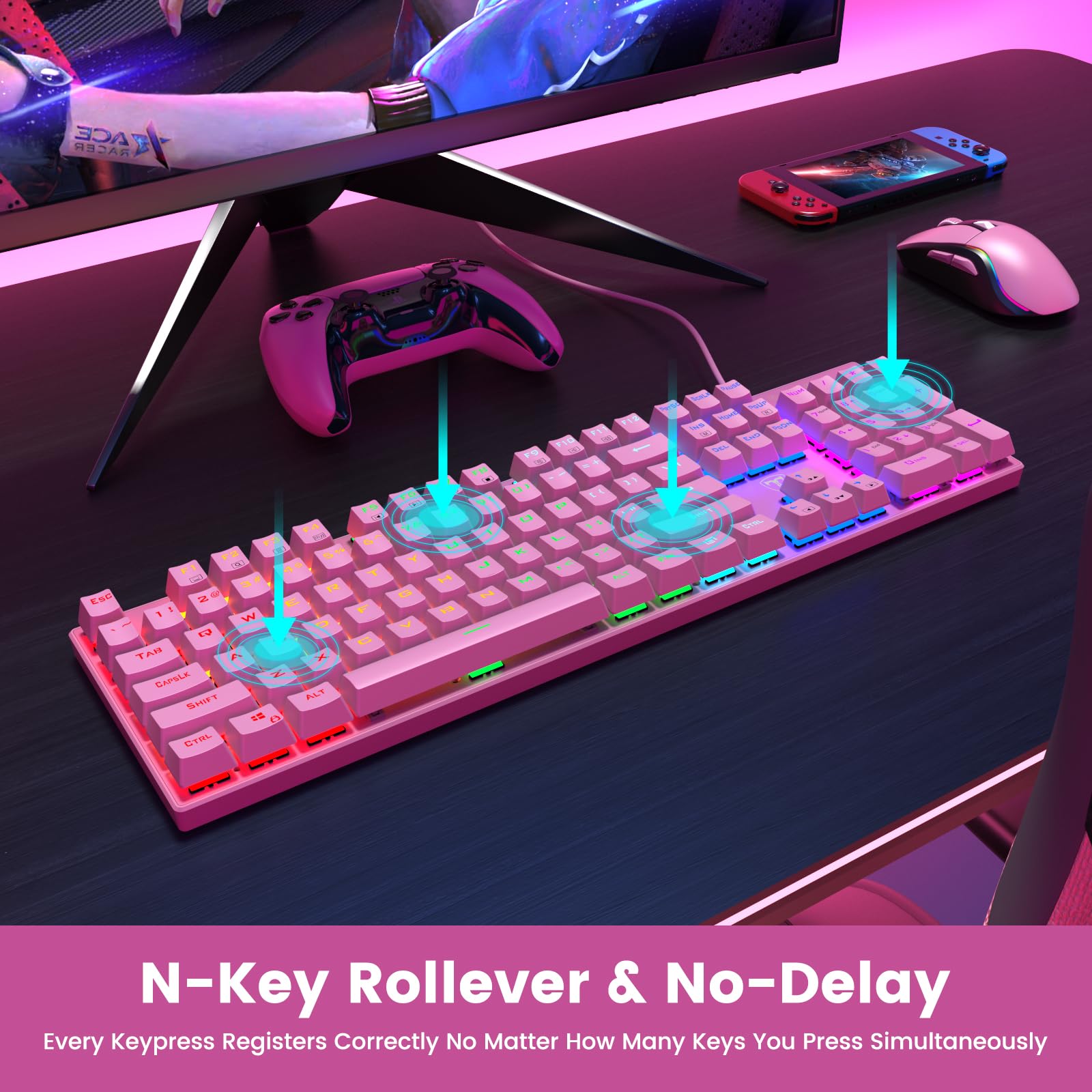 RisoPhy Tastiera meccanica da gioco, RGB 104 tasti ultra-sottile retroilluminata USB cablata tastiera con interruttore blu, tastiera in ABS resistente, anti-ghosting/resistente alle fuoriuscite, per