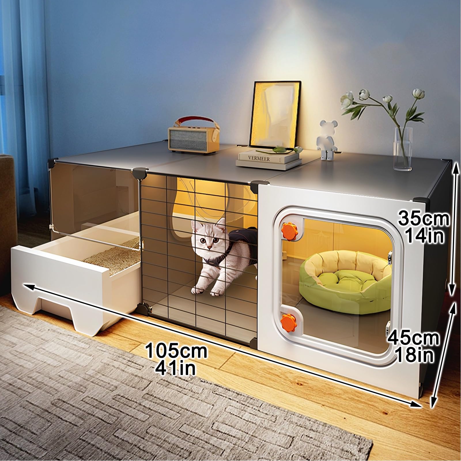 Cage pour Chat D'intérieur, Parc Chat à 1 Niveau, Simple Cage Transport Chat, Transport Chat Caisses en Plastique Épaisses pour Chats D'intérieur avec Bac à Litière(Black,105*45*35cm/41*18*14i