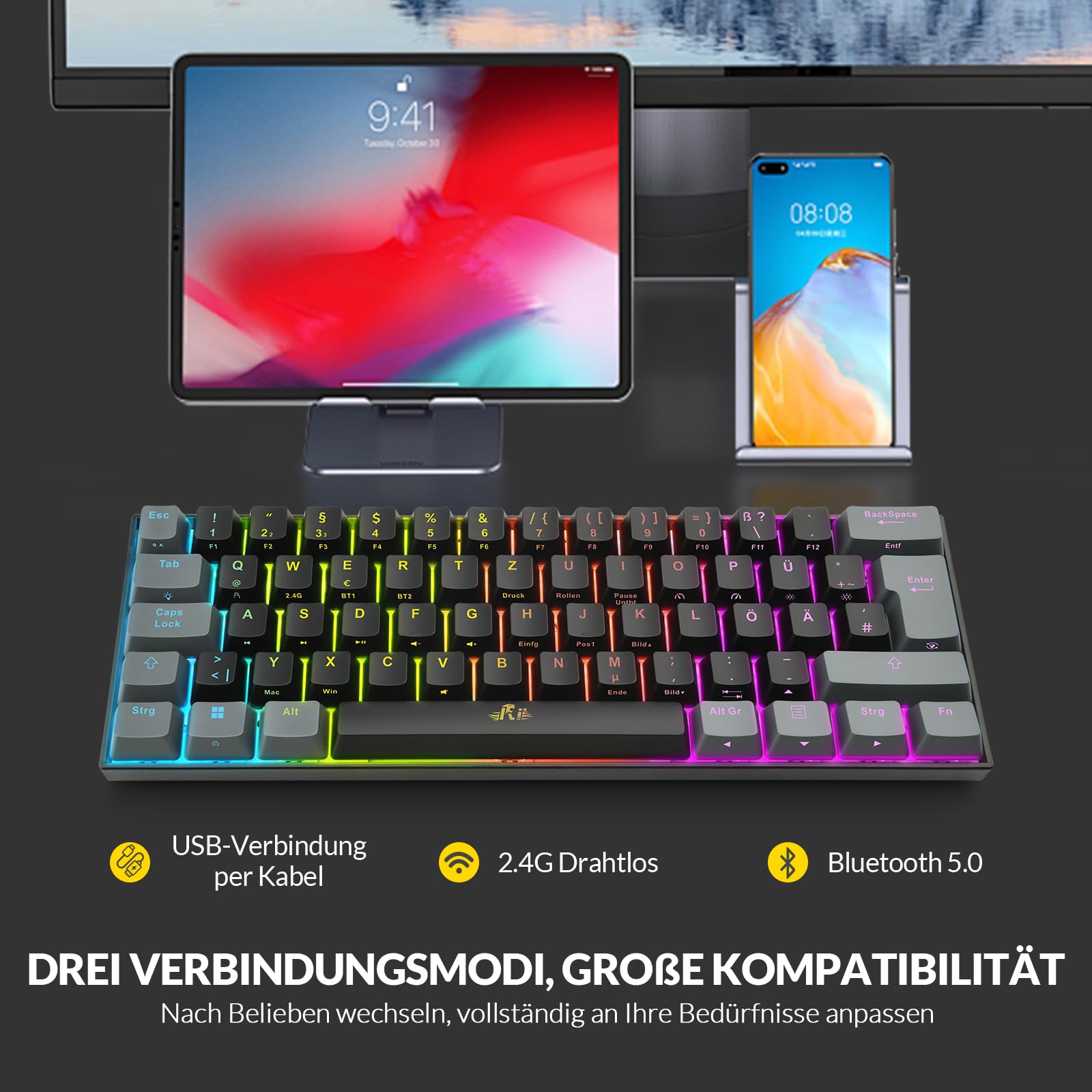 Rii Gaming Tastatur Mechanisch, 60% Tastatur Kabellos RGB Beleuchtet mit Rote Schalter und N-Key Rollover für PC/Laptop/PS4/PS5, QWERTZ, Schwarz Grau (Bluetooth/2.4G/Kabel)