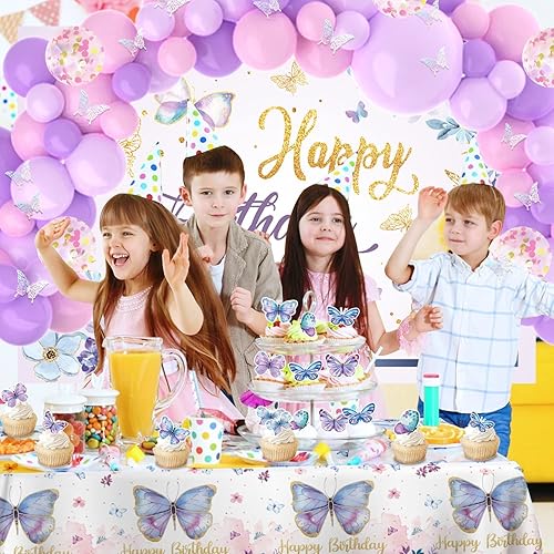 Miniatura 2 de Decoración de fiesta temática de mariposa morada y rosa para niñas, kit de guirnalda de globos de cumpleaños de mariposa, pancarta temática de