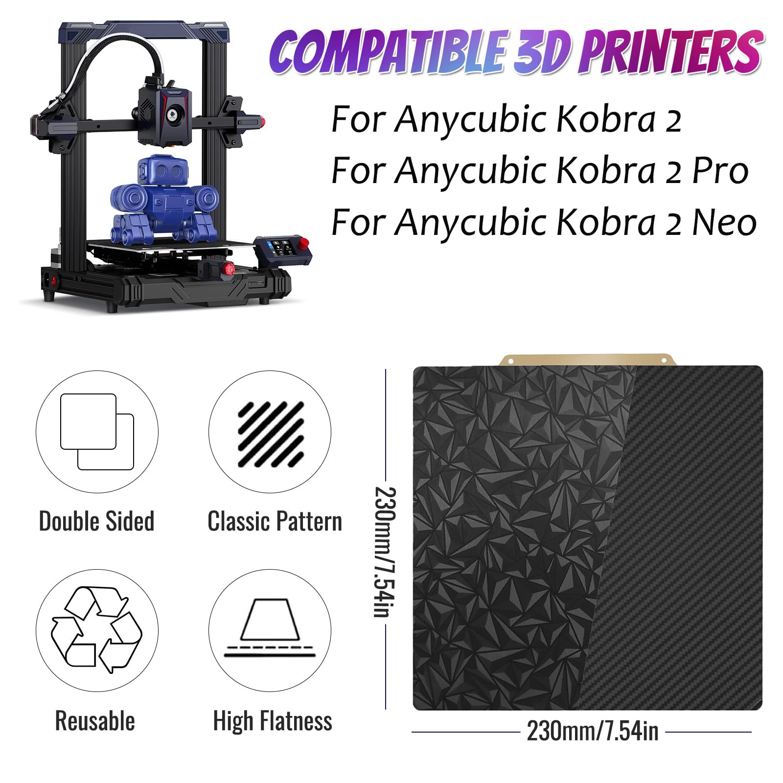 Smooth PEO PET Build Plate do Anycubic Kobra 2/Kobra 2 Neo/Kobra 2 Pro, płyta dociskowa PEO PET 230 x 230 mm Kobra 2 platforma do drukarki 3D