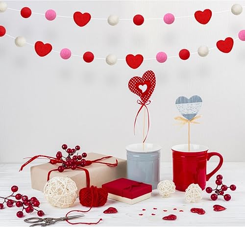 Vista 10 de Guirnalda de bola de fieltro para el día de San Valentín, guirnalda de pompones de corazón rosa y blanco para árbol del hogar, día de San Valentín