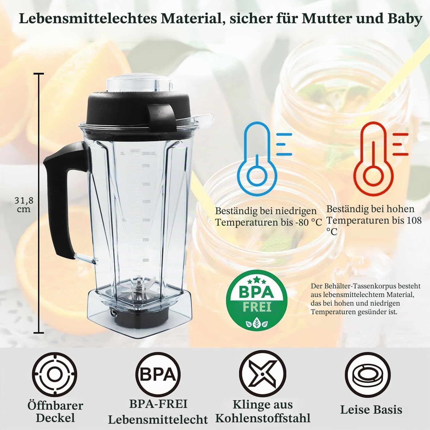 Aufgerüstet für Vitamix Mixer-Krug mit 1,8 l Fassungsvermögen, Ersatz für Vitamix 5200, 5000, 5300, 6300, VM0101, VM0103, VM0197 Classic/Explorian/Commercial Series etc