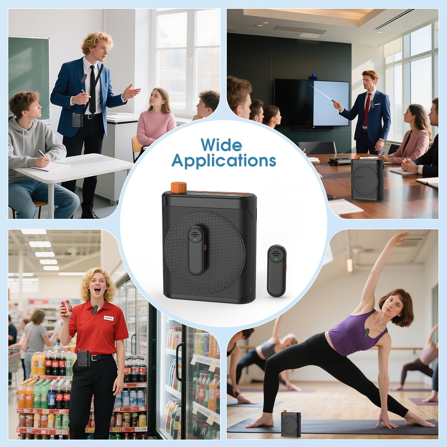 15W Wireless Voice Amplifier with 2 Magnetic Lavalier Mics & Noise Reduction - Bluetooth 5.3 PA System for Teachers, Tour Guide, Yoga - 15H Rechargeable Battery, Waist-Mount Design (Black)