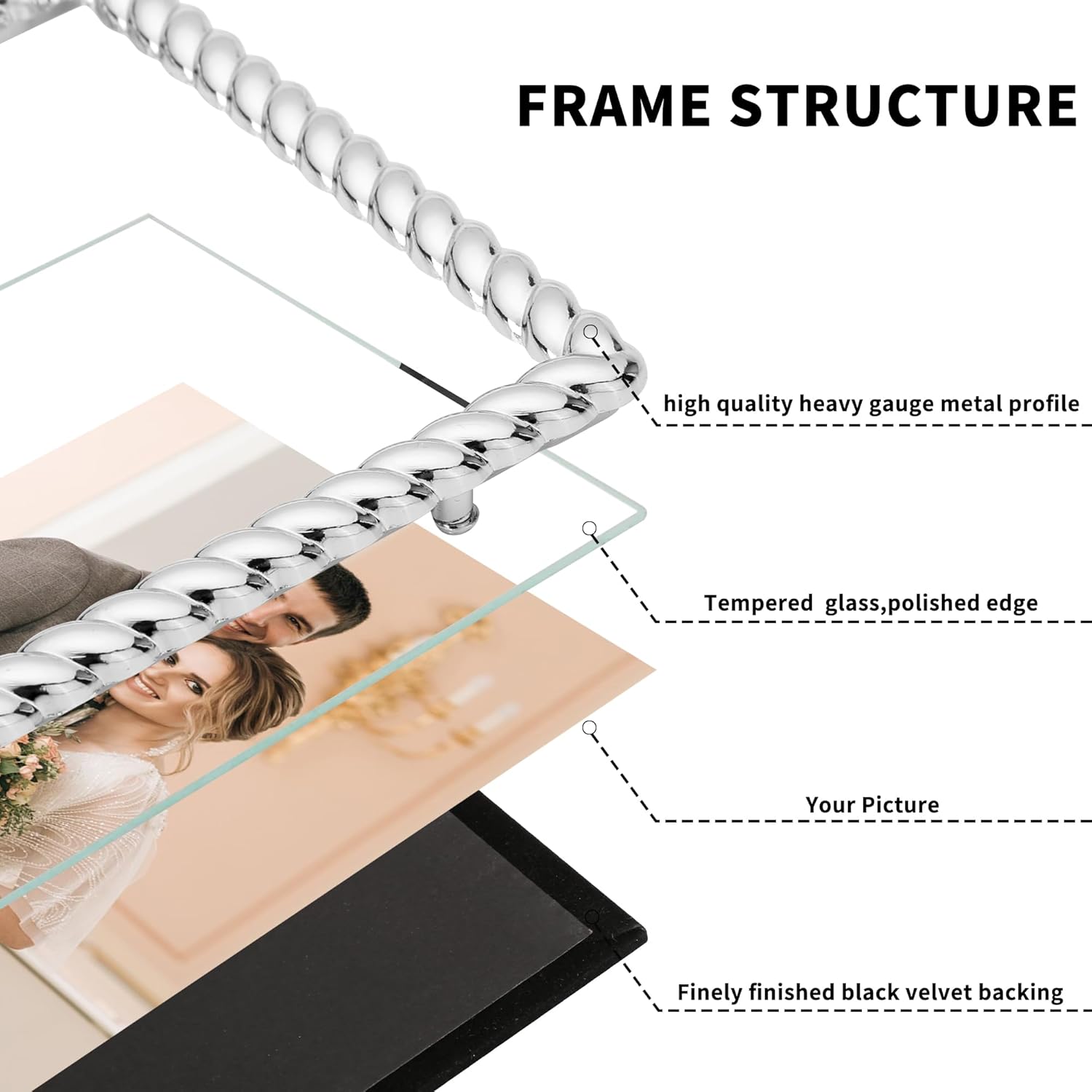 8x10'' High-End Silver Plated Photo Frames with Acid-Free Mat 5x7'',Zinc Alloy Made Contemporary Rope Profile,Velvet Backing,Tempered Glass Front For Weddong Or Home Décor,