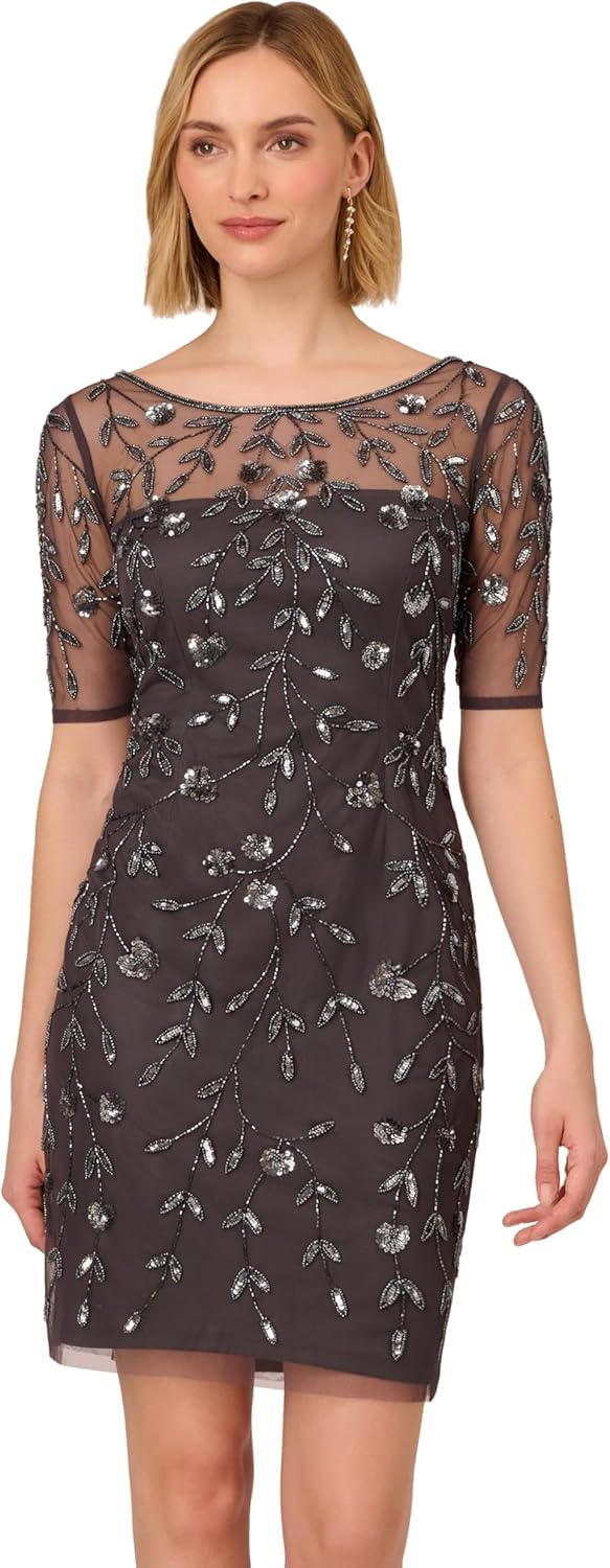Adrianna Papell Womens Beaded Floral Short Dress