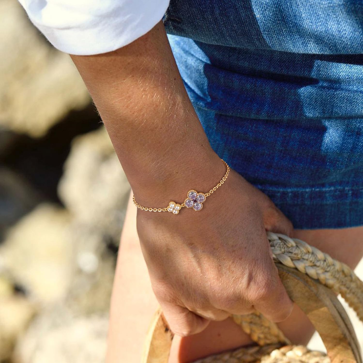 MYEARS Flower Bracelet for Women Gold Sideways Double Four-leaf-clover Link Charm 12 Month Birthstone Cubic Zirconia 14K Simple Dainty Thick Chain Floral Lucky Jewelry Gift - Image 4