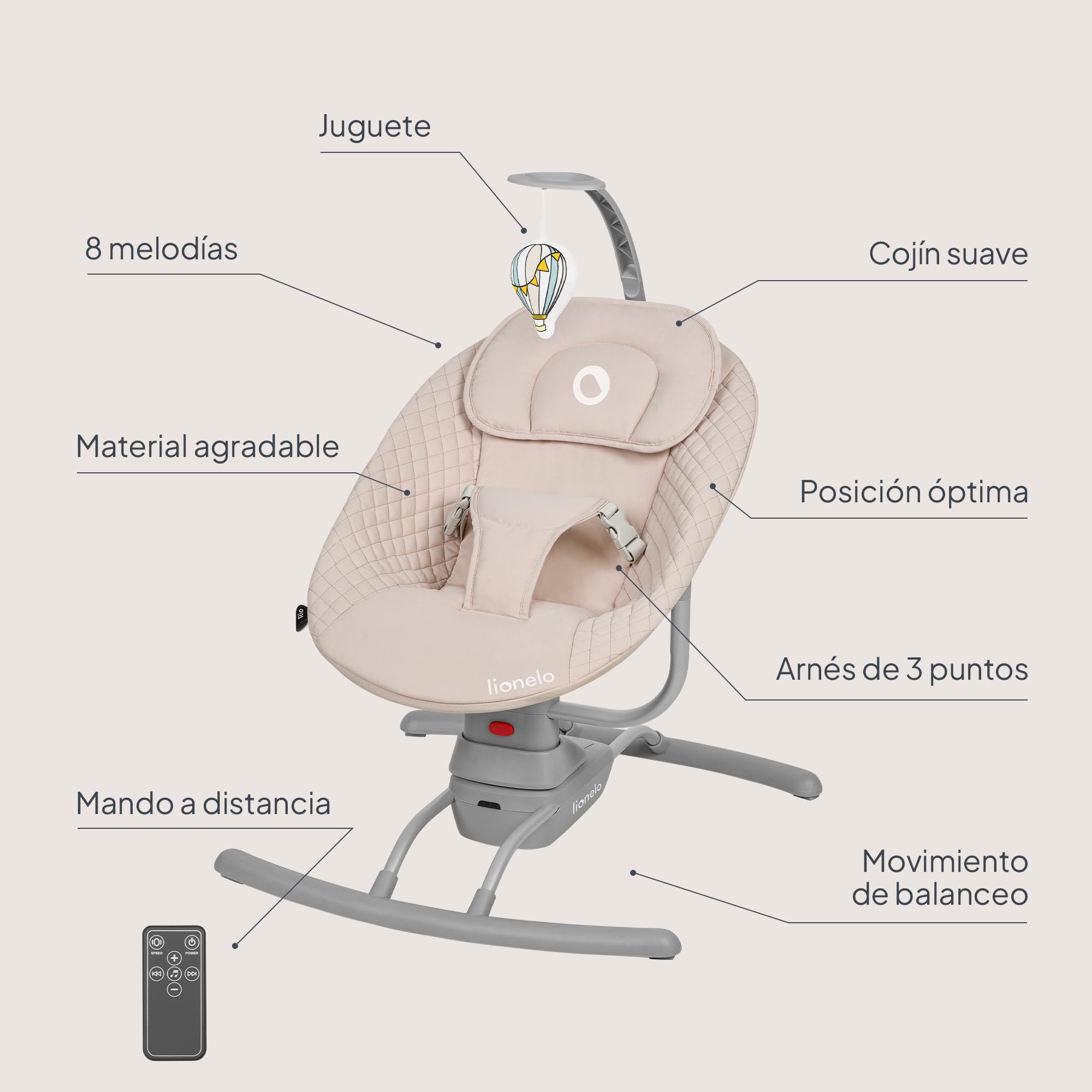 LIONELO Rio - Balancín eléctrico para niños de hasta 9 kg, respaldo ajustable, balancín de 3 velocidades, cinturones de seguridad con cojín, melodías y sonidos de la naturaleza, arco con juguete,