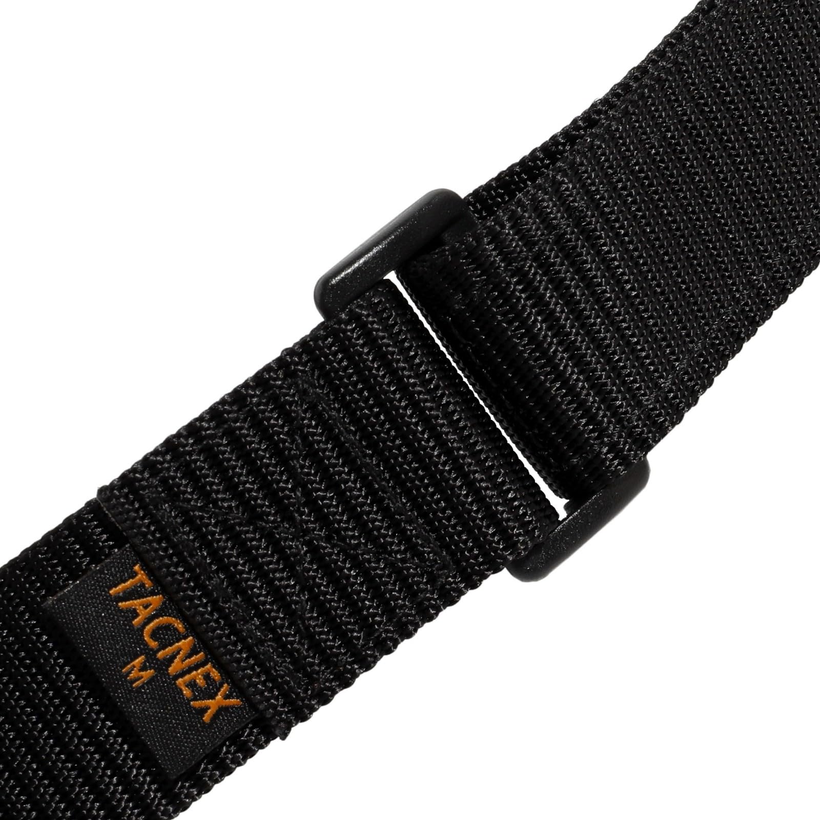 TACNEX Cinturón de nailon antiarañazos de 1 3/8 pulgadas, sin hebilla de metal, con cierre de , aprobado por la TSA para el trabajo, viajes, mecánico, conductor, Bucle de polímero negro, Medium