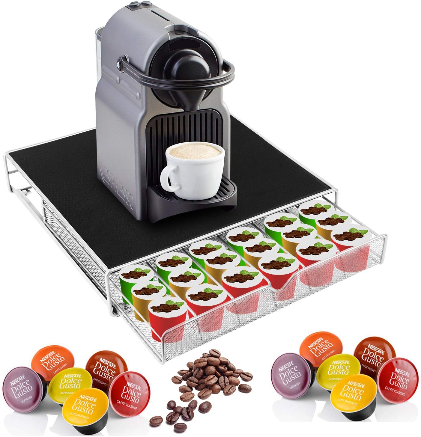 GPCTExtendable Coffee Pod Metal Stand Holder Drawer Organizer. Great For 36 K Cup Pods, 6 Rows Room to Spare, Counter-Top Space Saving, Fits Under Home Keurig & Brewers/Cabinet Available