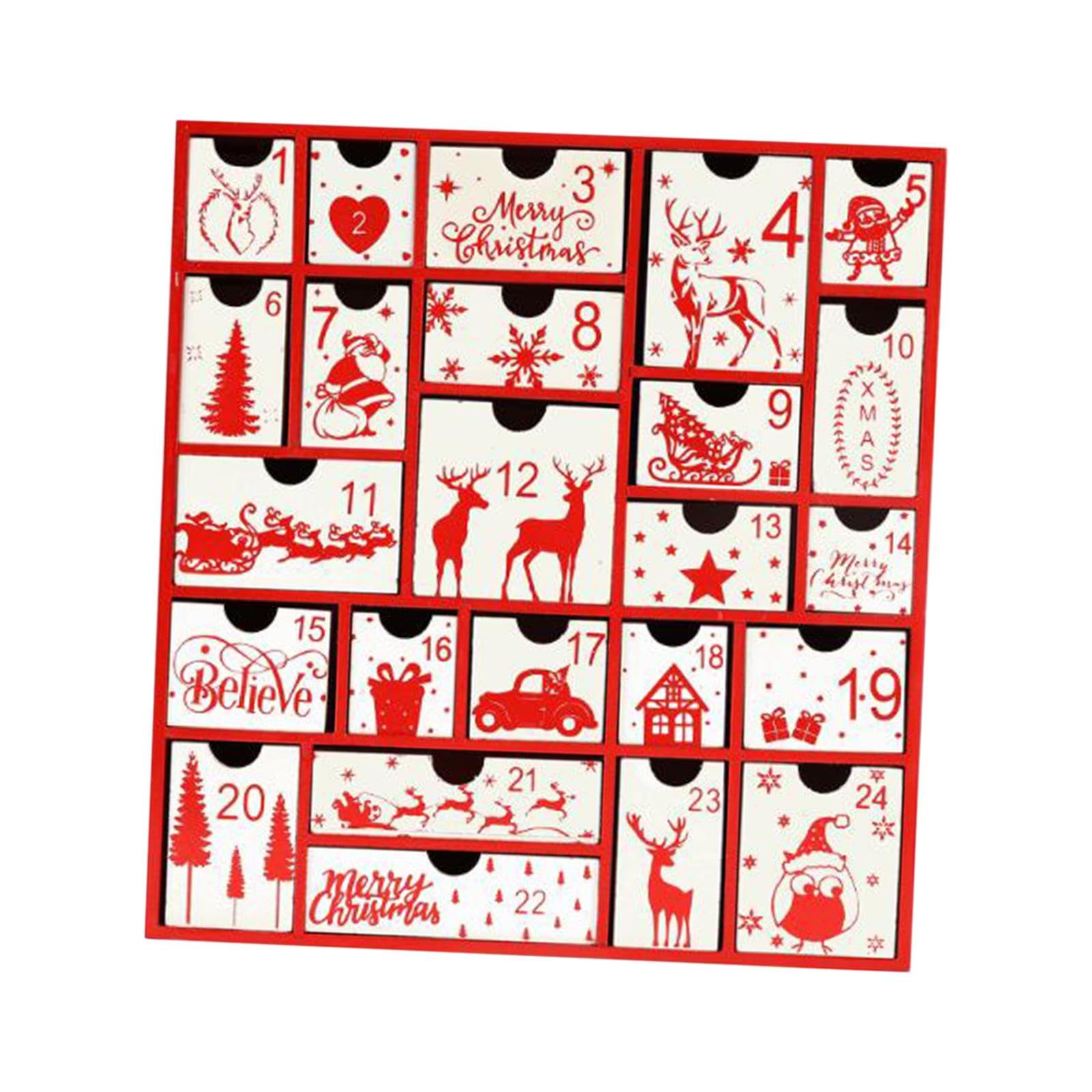 MERIGLARE Calendario de Adviento Caja Navidad Madera Vacía para Rellenar Sorpresas Decoración Tradicional Navideña Adecuado para Regalo Celebración en Casa, Rojo, Individual