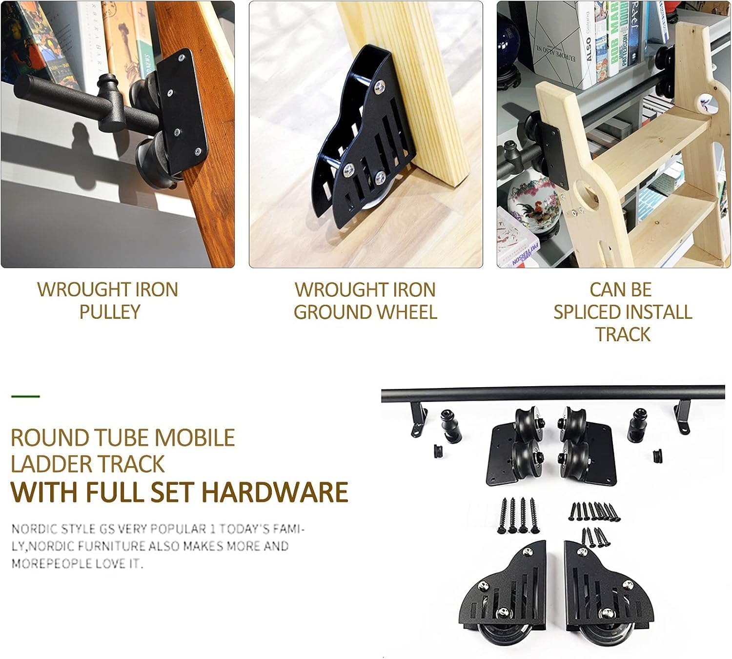 Rolling Ladder Hardware Library Sliding Ladder Hardware Kit, Floor Wheels with Brakes, Black Carbon Steel Track/Rail(Without Ladder)(Size:500cm(16.4 ft) Track kit)