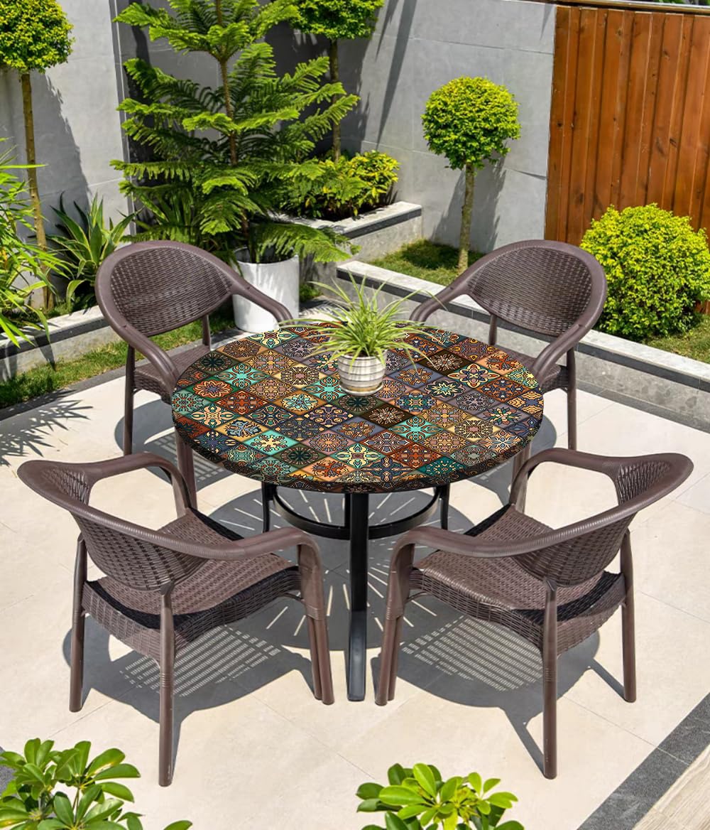 Boho Tischdecke Rund, Outdoor Tischdecke Abwaschbar Rund, Elastisch Gartentischdecke Wetterfest Tablecloth mit Gummizug für Balkon, Garten (Style 2,120cm)