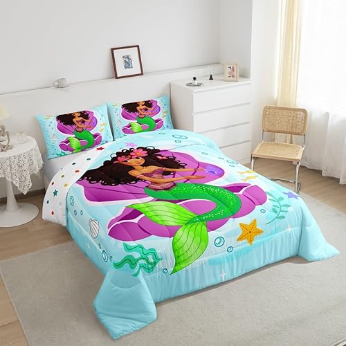 Miniatura 4 de Erosebridal Ropa de cama de sirena negra, edredón de niña negra, edredón con temática oceánica, conchas y estrellas de mar, juego de cama con