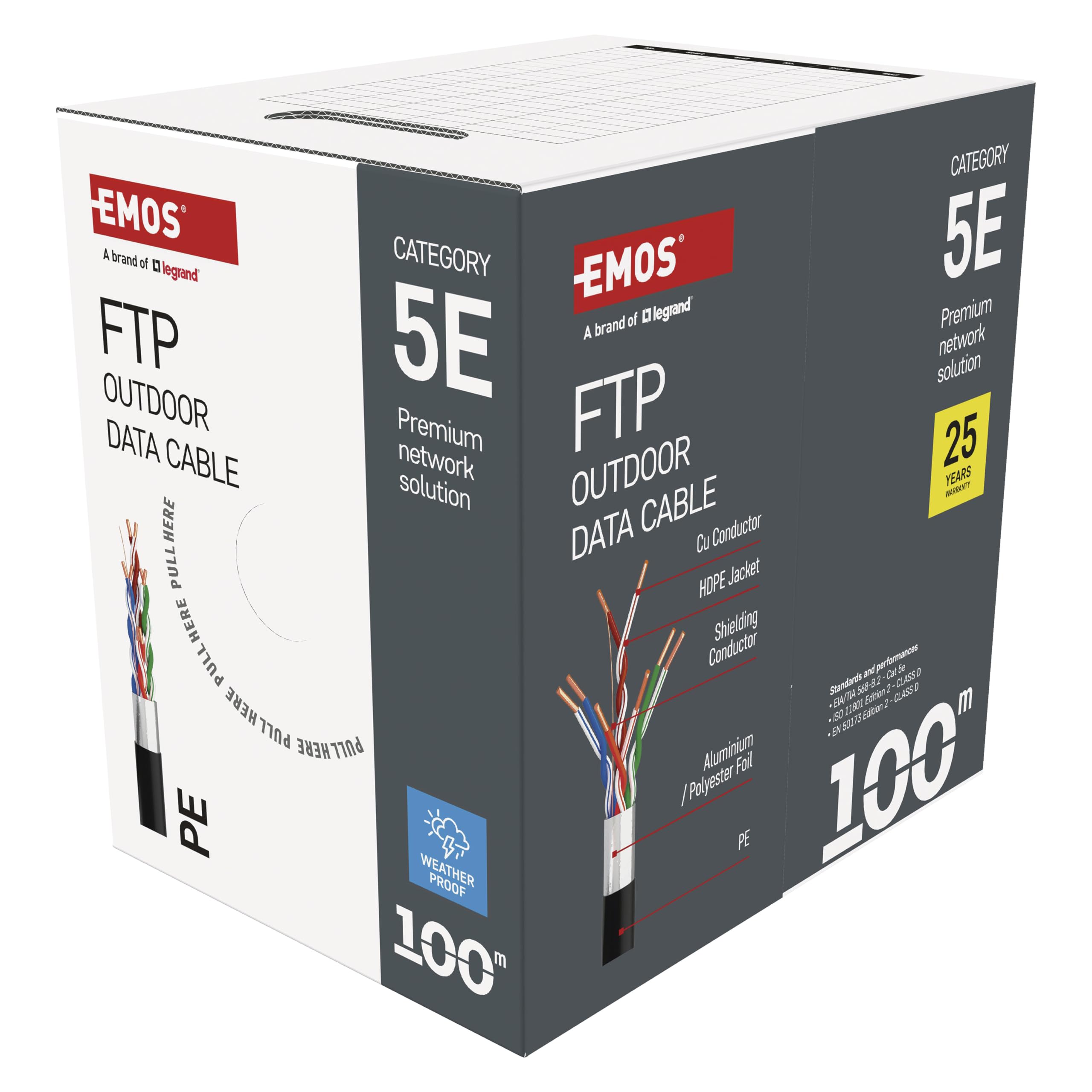 EMOS - Câble réseau FTP CAT 5e, 100 m, PE - Câble patch CAT5e FTP - Câble Gigabit LAN - Câble Ethernet blindé - Pour l'extérieur