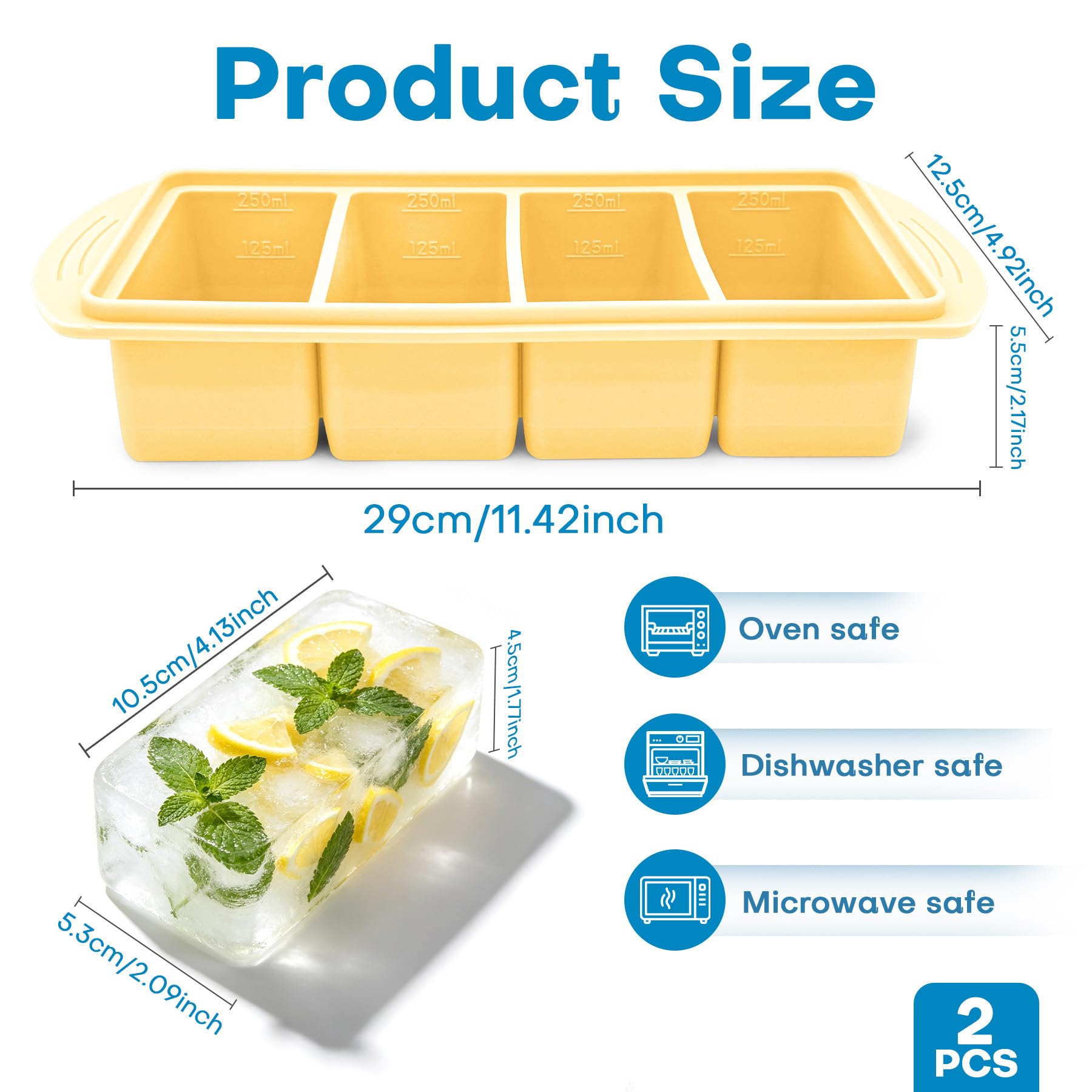 VEEKAY 2 Pezzi Stampo per Congelatore in Silicone con Coperchio, 4 Scomparti da 250 ml, Contenitore Impilabile senza BPA per Zuppa, Brodo, Salsa, Meal Prep