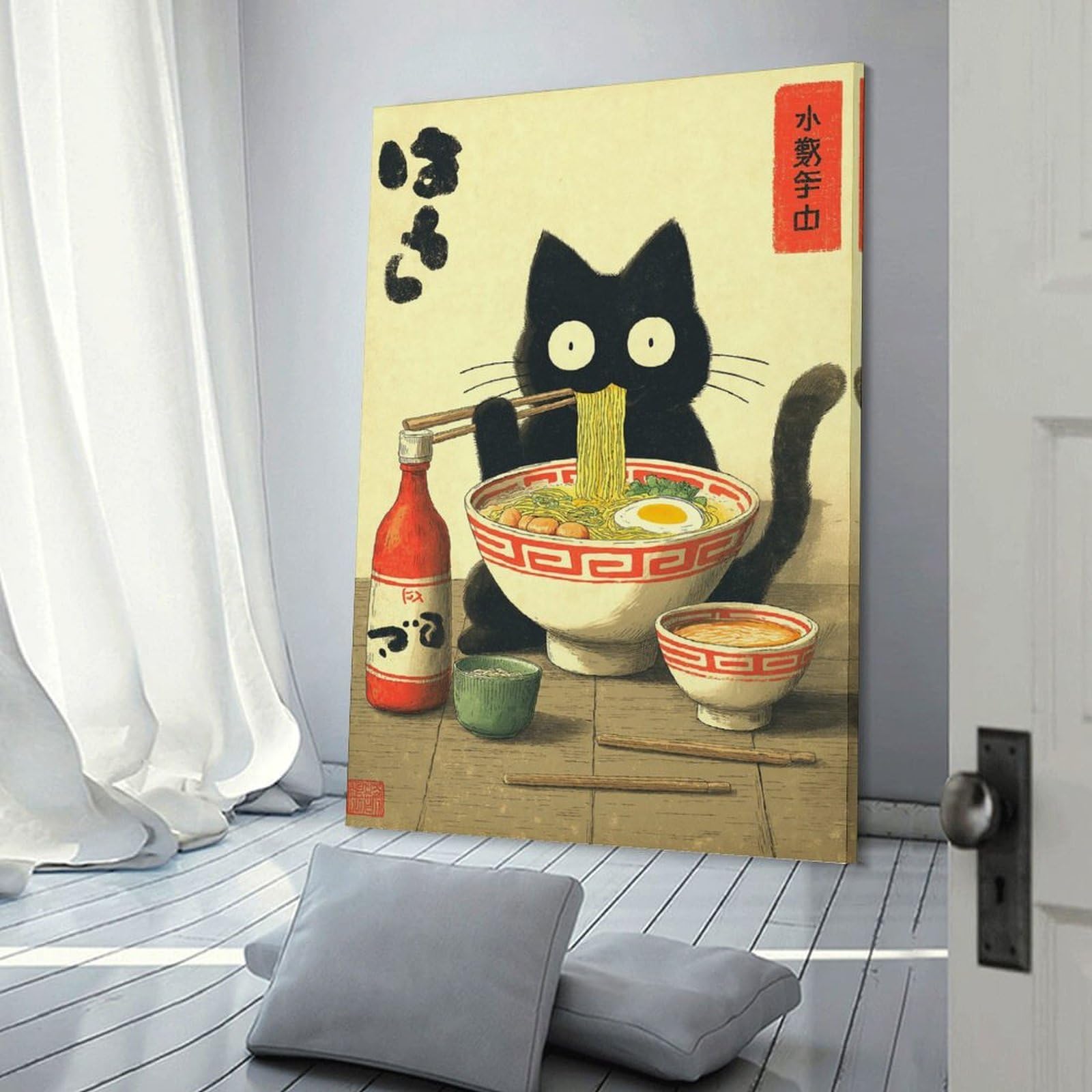 Junmoney Canvas Wall Picture Black Cat Eating Ramen Illustration, 20x30inch(50x75cm), for Office, Study Or Home Workspace, Canvas Wall Decor for Creative Rooms