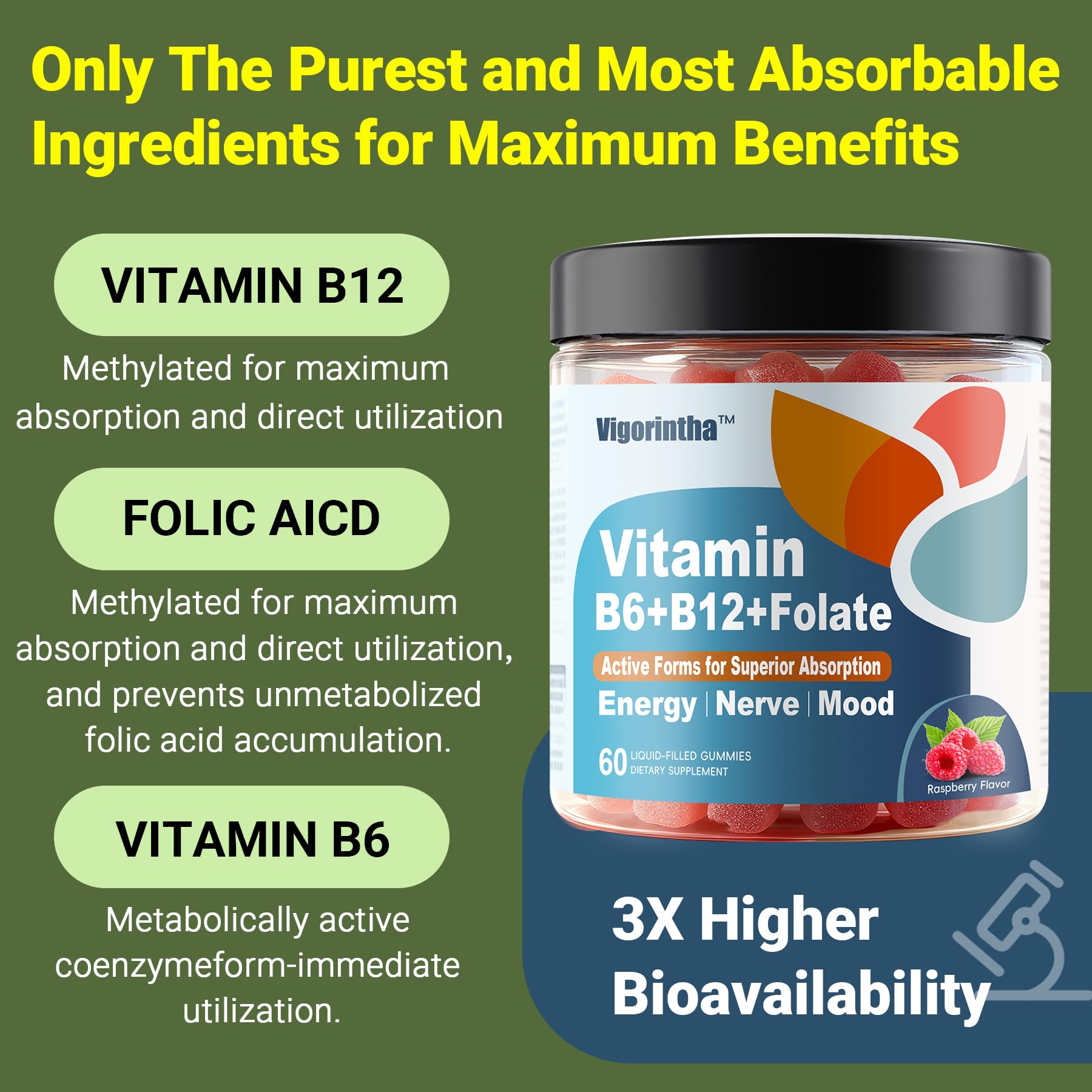 Methylated Vitamin B6, B12 & Folate Gummies, Vitamin B6 Supplement with Methylated B12& L-Methylfolate for Energy, Brain & Nerve, Sugar Free, Vegan, 60 Gummies. — Amazon image 4