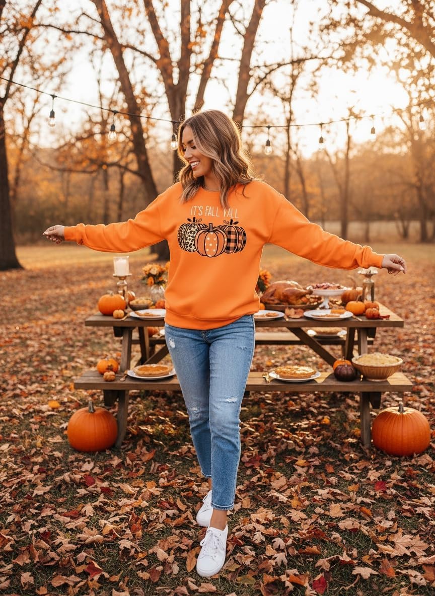 It's Fall Y'all Leopard Plaid Dot Pumpkin Sweatshirt Women's Halloween Long Sleeve Casual Pullover Tops - Image 3