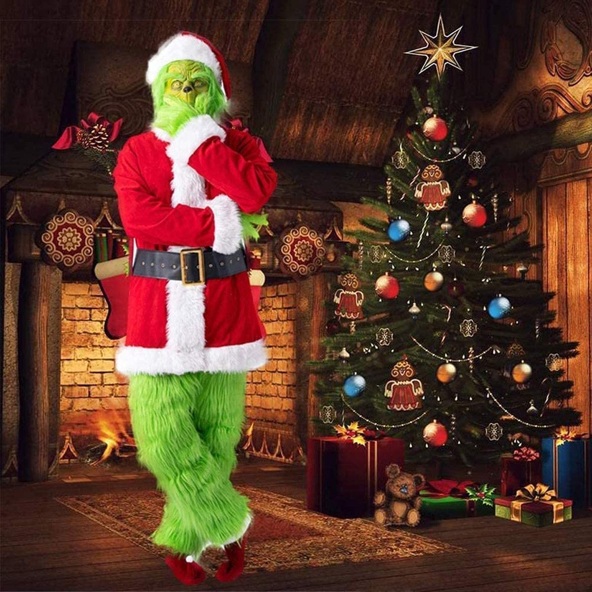 Flovey Grinch Cosplay Kostüm Grüne Maske Weihnachtsmütze Socke Komplettset Outfits Weihnachten Prop Red,XXXL