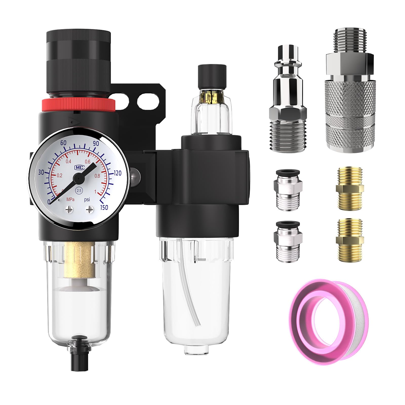 Regulador de presión de aire 1/4 compresor en línea separador de agua filtro neumático con piezas de calibre comprimido AFC2000+kit de latón de EE. UU