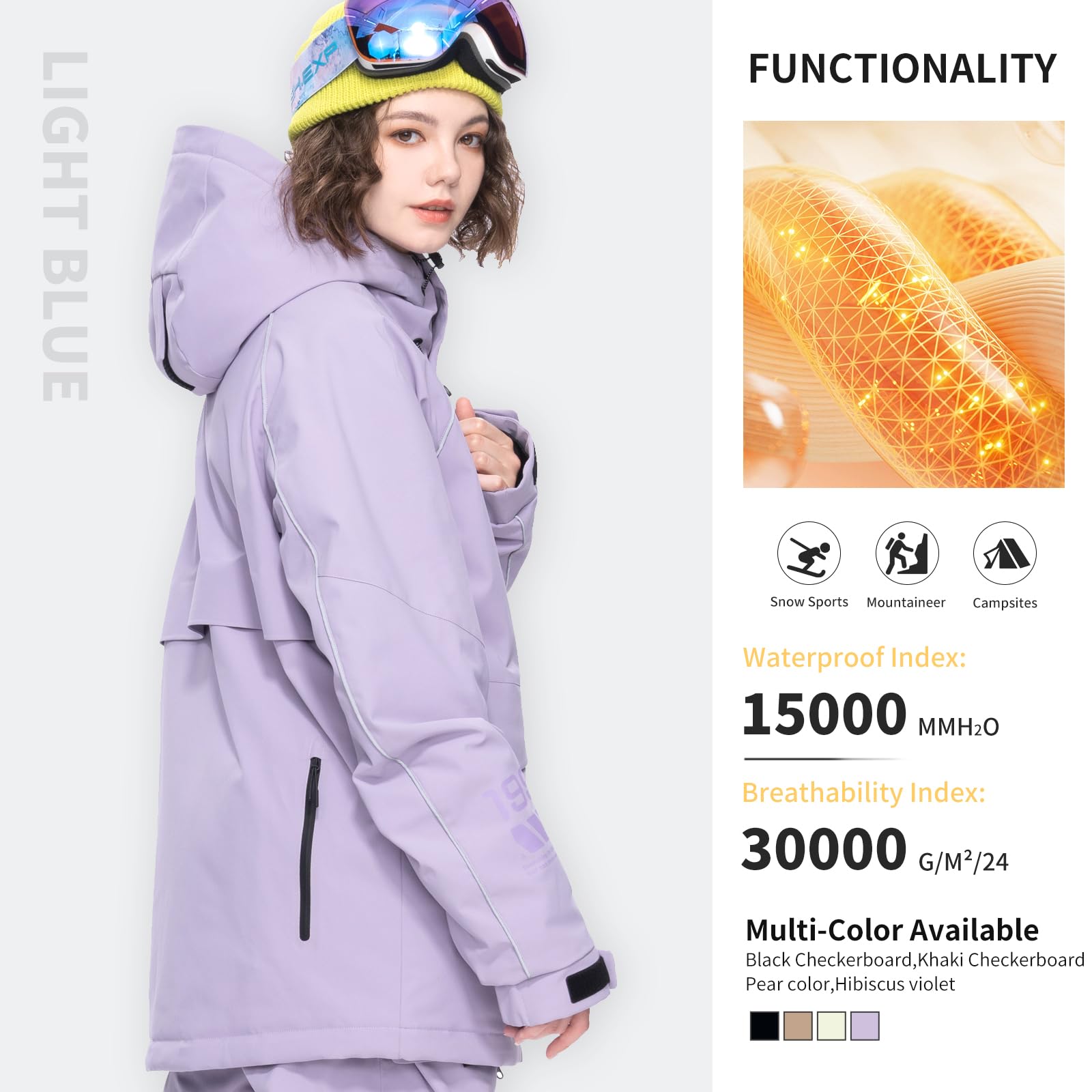 HIGH EXPERIENCE Ski Jacket Snowboard Coat Snow Winter Waterproof Insulated Windproof Baggy Warm Hooded Jacket for Men Women (US, Alpha, Small, Regular, Regular, Light Purple)