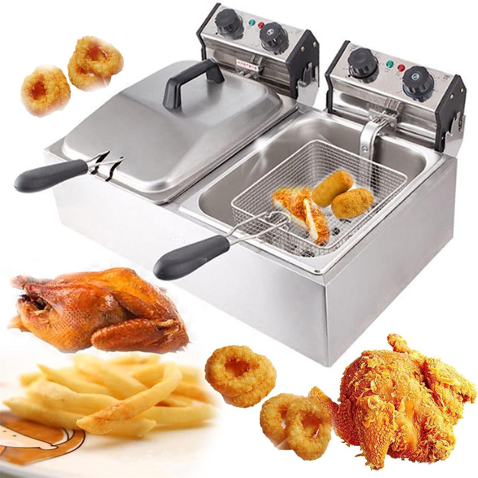 HCZKIUJY Large Stainless Steel Chip Pans,50-200°C Adjustable Temperature, with Baskets Lids for French Fries Chicken Shrimp (12L)