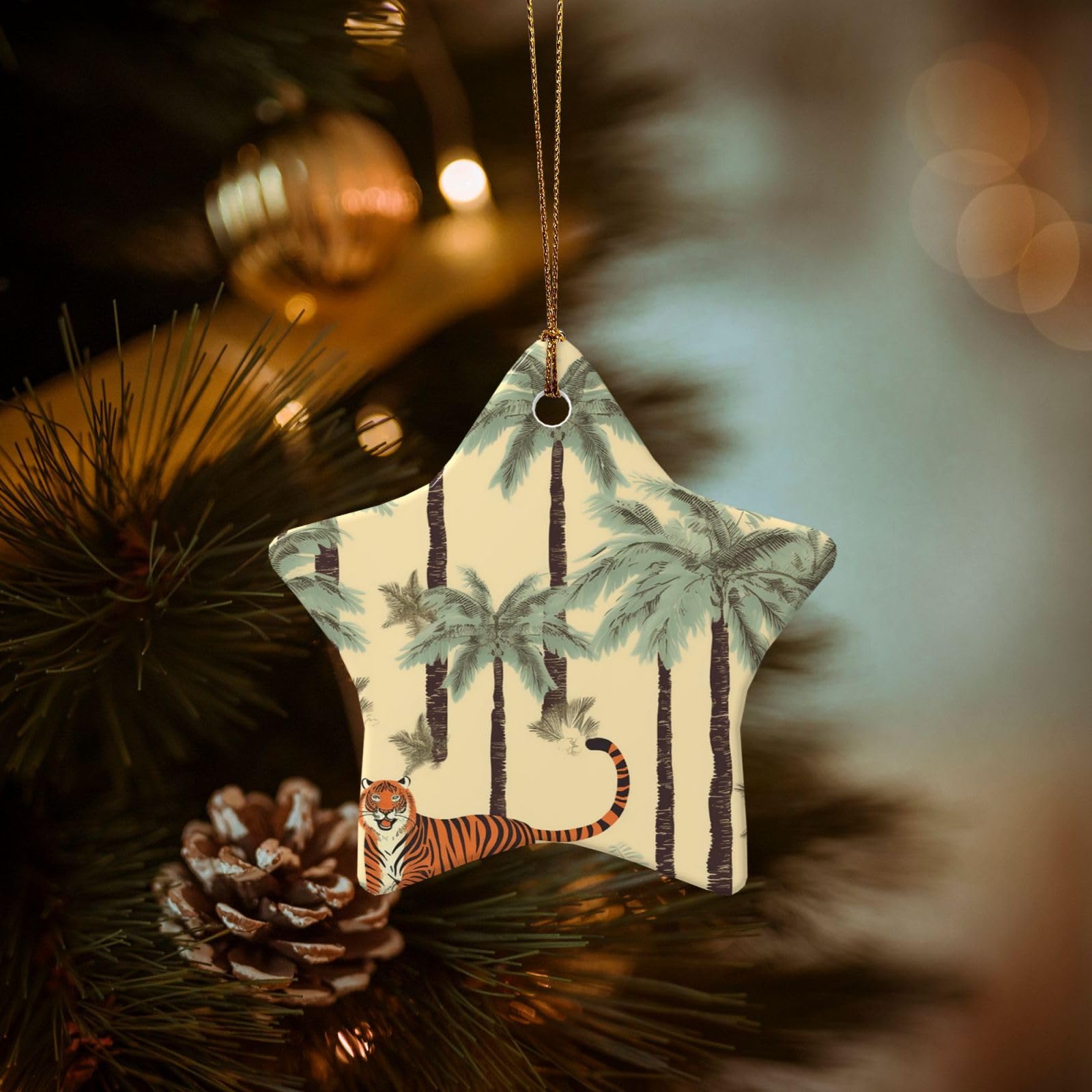 Christmas Tree Ornaments Ceramics Christmas Decorations Palm Trees and Tigers Ornaments with Gold Ribbon Porcelain Xmas Tree Crafts Star Shape Hanging Pendant for Christmas Tree Party Decor